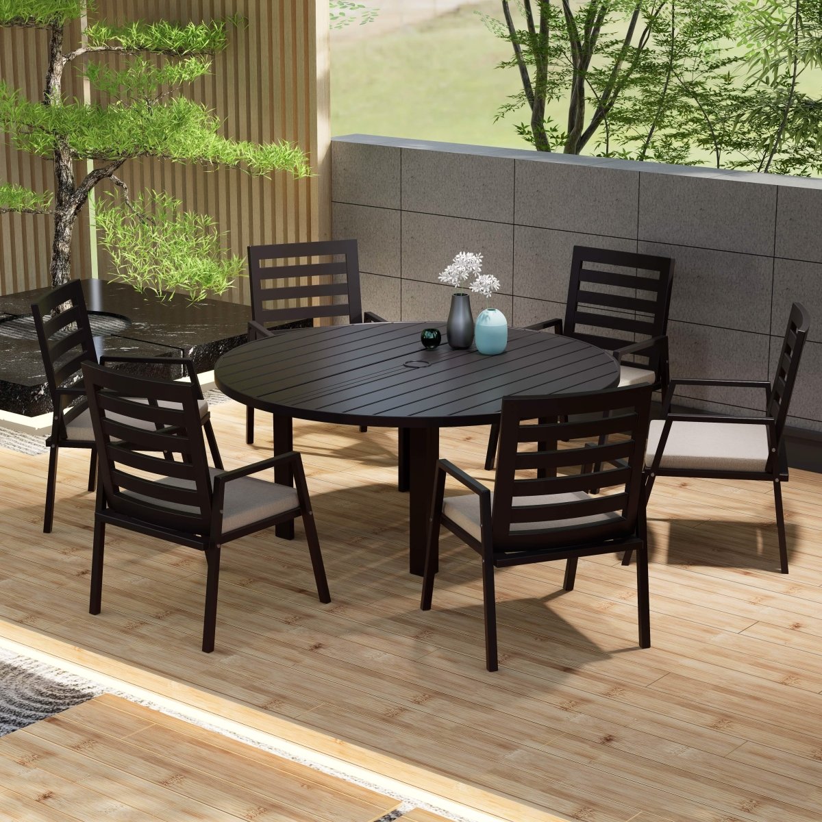Chelsea 7-Piece Patio Dining Set with 60" Round Aluminum Dining Table and 6 Dining Armchair Beige Dining Set Leisuremod