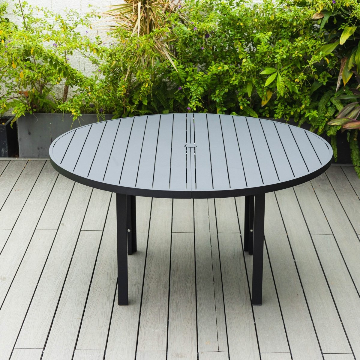 Chelsea 7-Piece Patio Dining Set with 60" Round Aluminum Dining Table and 6 Dining Armchair Beige Dining Set Leisuremod