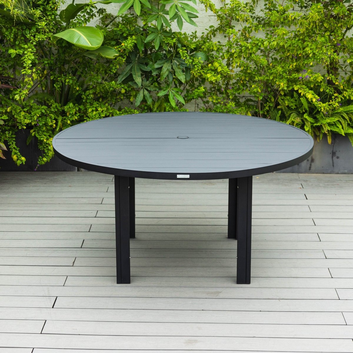 Chelsea 7-Piece Patio Dining Set with 60" Round Aluminum Dining Table and 6 Dining Armchair Beige Dining Set Leisuremod