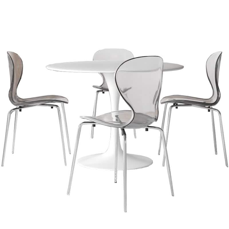 LeisureMod Bristol 5-Piece Dining Set Round White MDF Dining Table and 4 Acrylic Dining Chairs with Chrome Legs Clear Dining Set Leisuremod