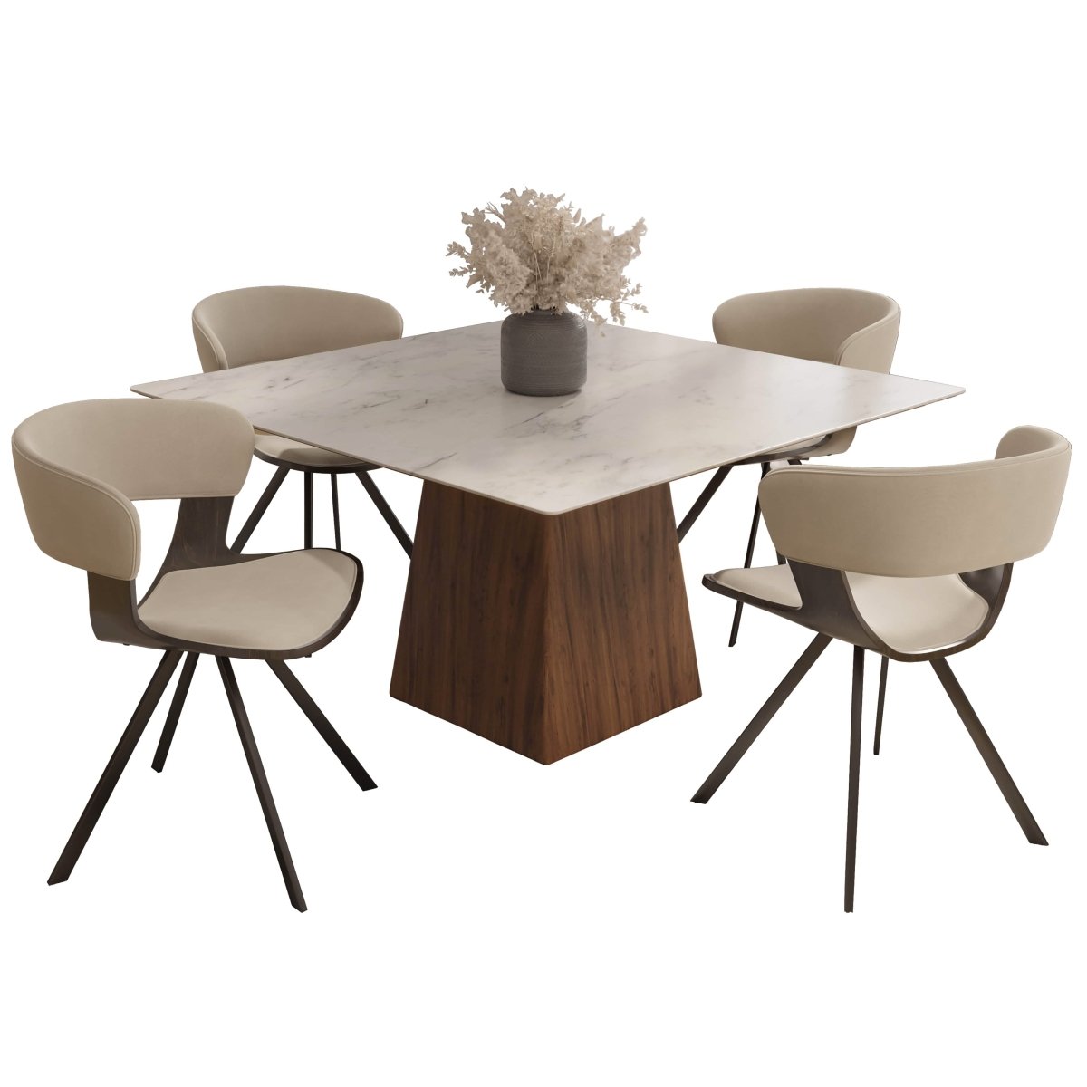 Zephry 5-Piece Dining Set with Square Dining Table White Sintered Stone Top and 4 Leather Dining Chairs Dark Walnut Light Taupe Dining Set Leisuremod