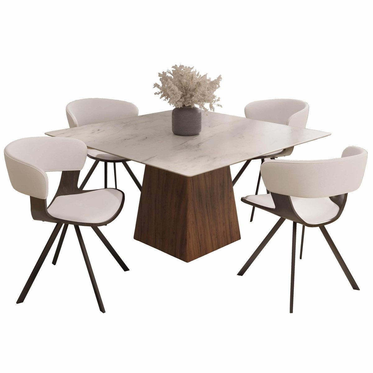 Zephry 5-Piece Dining Set with Square Dining Table White Sintered Stone Top and 4 Leather Dining Chairs Dark Walnut White Dining Set Leisuremod