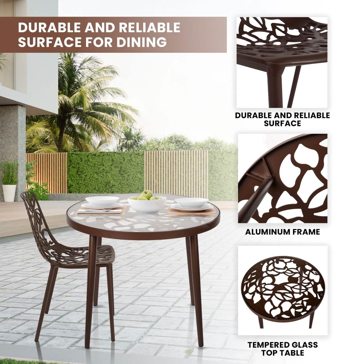Devon 3-Piece Patio Dining Set: Aluminum Table with Glass Top & 2 Stackable Flower Chairs Brown Dining Set Leisuremod