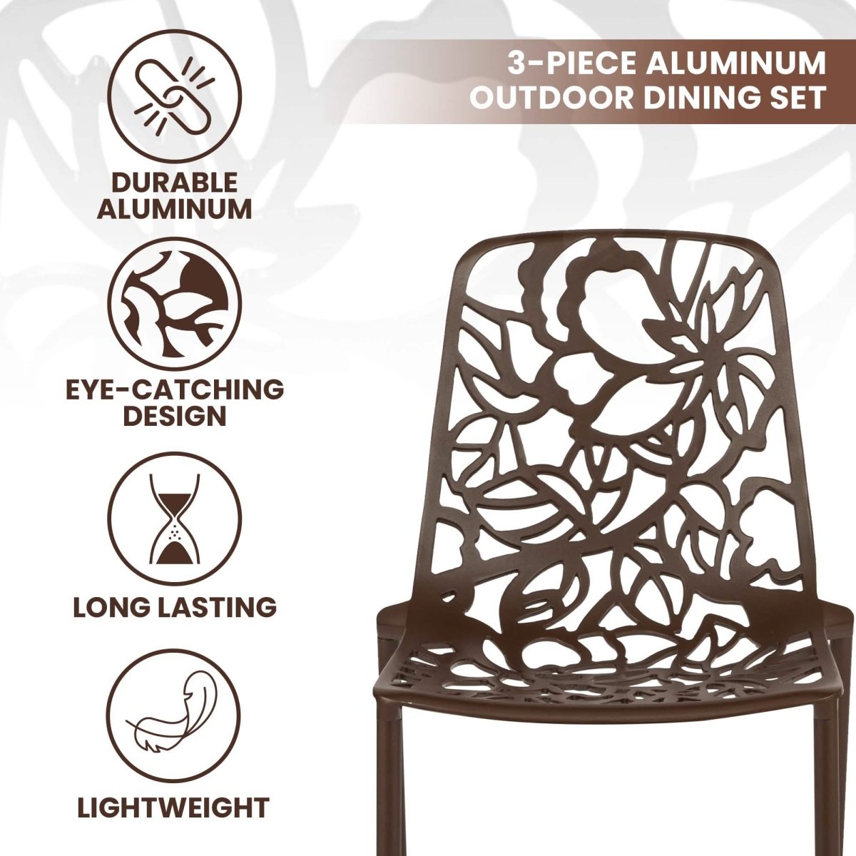 Devon 3-Piece Patio Dining Set: Aluminum Table with Glass Top & 2 Stackable Flower Chairs Brown Dining Set Leisuremod