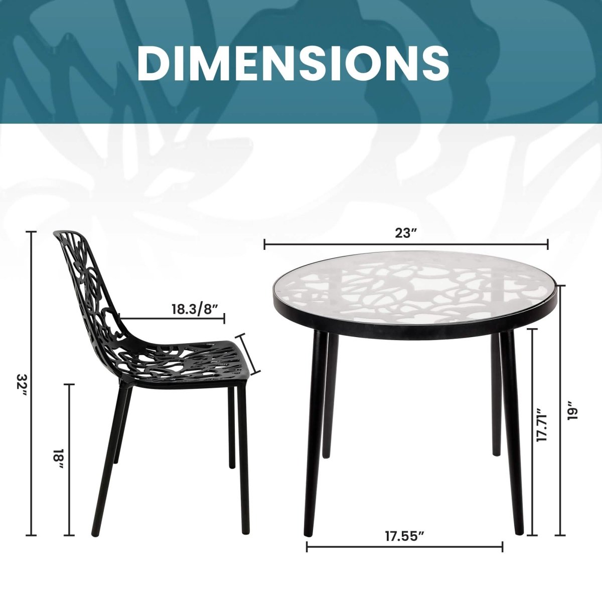 Devon 3-Piece Patio Dining Set: Aluminum Table with Glass Top & 2 Stackable Flower Chairs Brown Dining Set Leisuremod