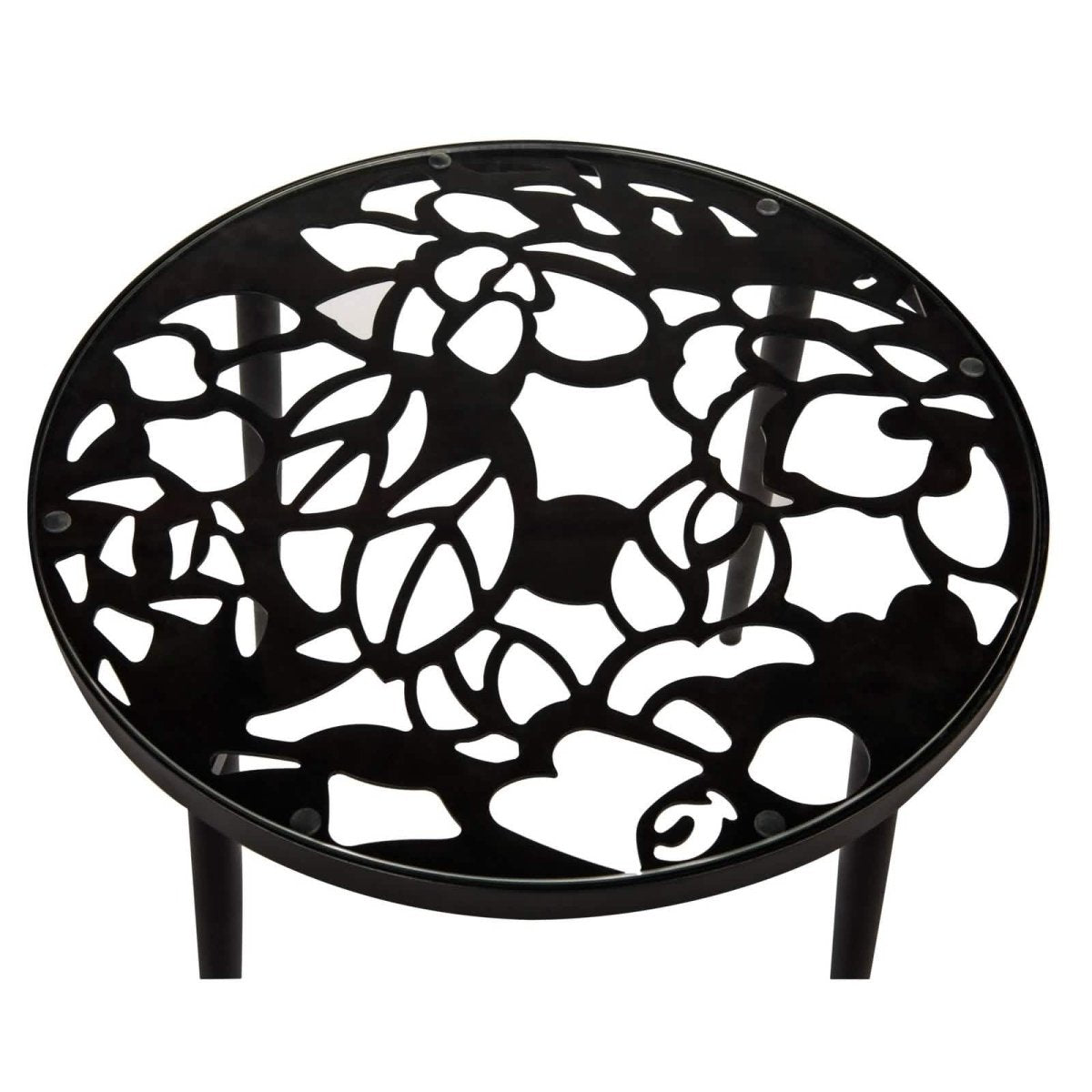 Devon 3-Piece Patio Dining Set: Aluminum Table with Glass Top & 2 Stackable Flower Chairs Black Dining Set Leisuremod