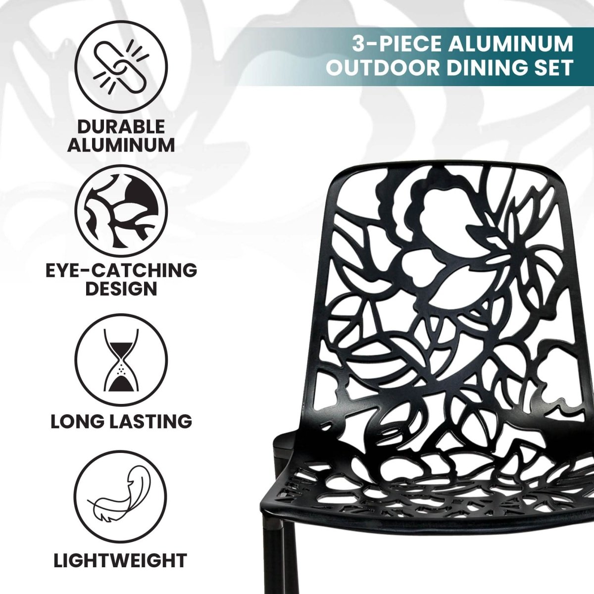 Devon 3-Piece Patio Dining Set: Aluminum Table with Glass Top & 2 Stackable Flower Chairs Black Dining Set Leisuremod