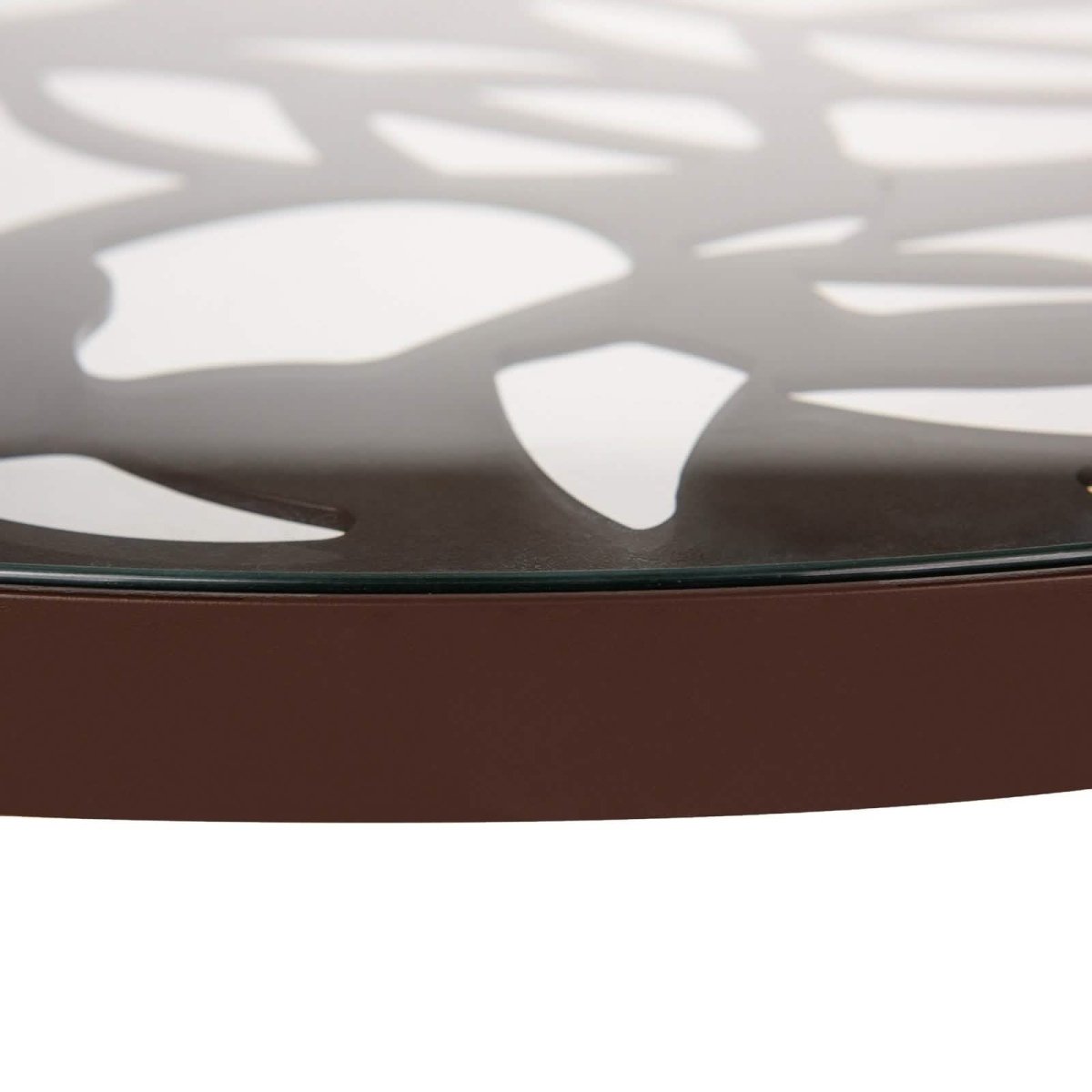 Devon 5-Piece Patio Dining Set: Aluminum Table with Glass Top & 4 Stackable Flower Chairs Brown Dining Set Leisuremod