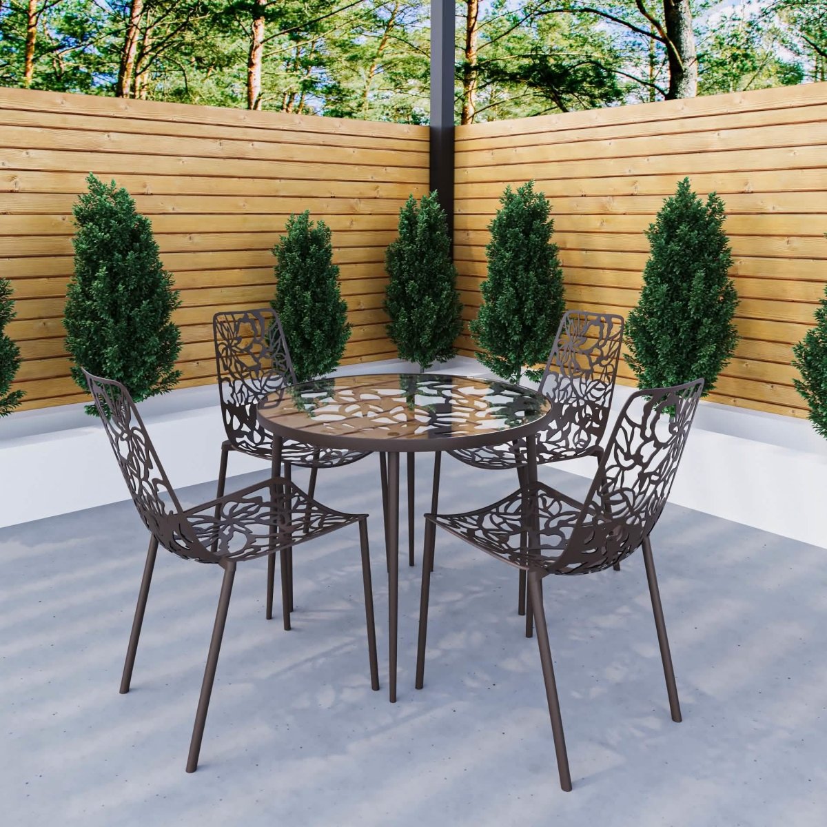 Devon 5-Piece Patio Dining Set: Aluminum Table with Glass Top & 4 Stackable Flower Chairs Brown Dining Set Leisuremod