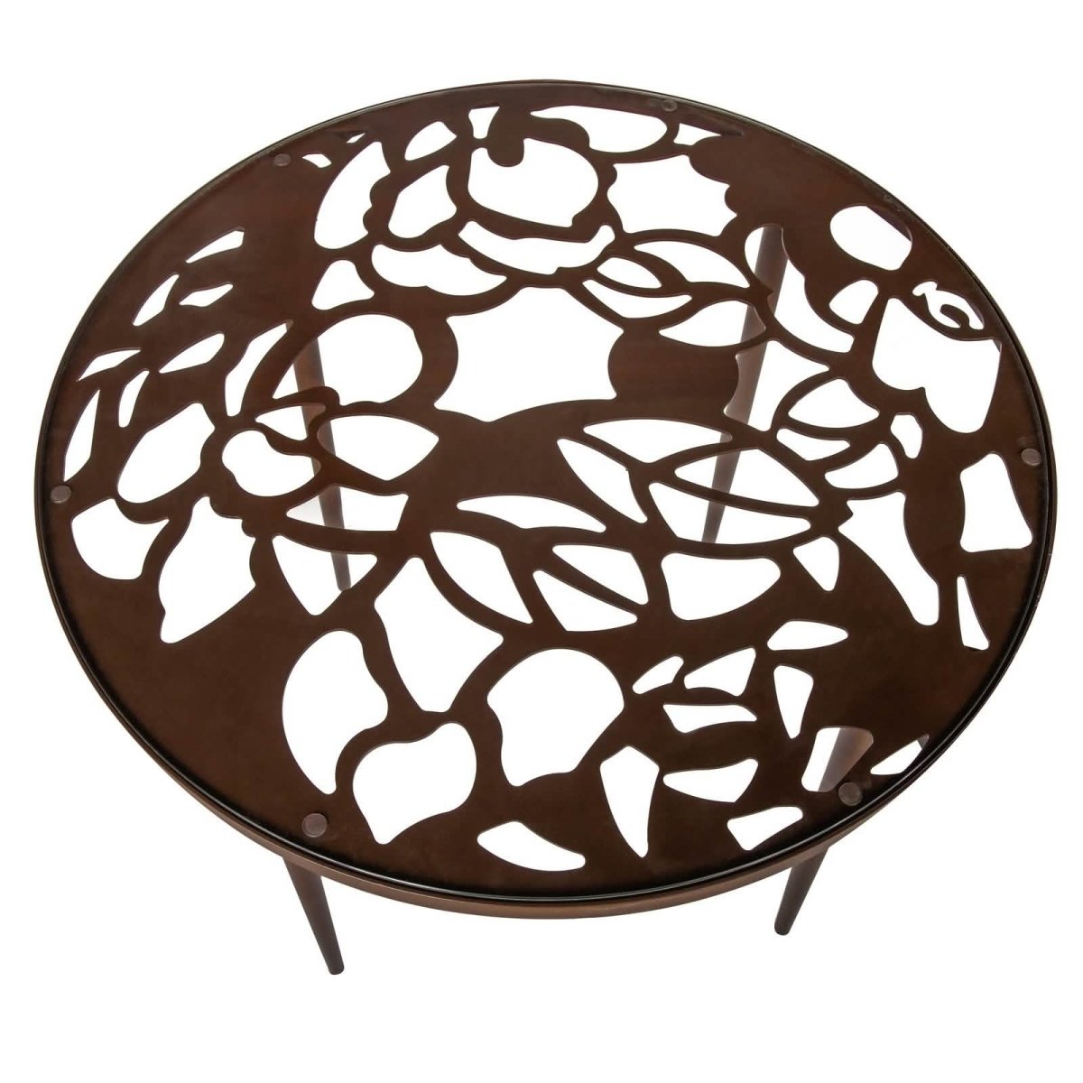 Devon 5-Piece Patio Dining Set: Aluminum Table with Glass Top & 4 Stackable Flower Chairs Brown Dining Set Leisuremod