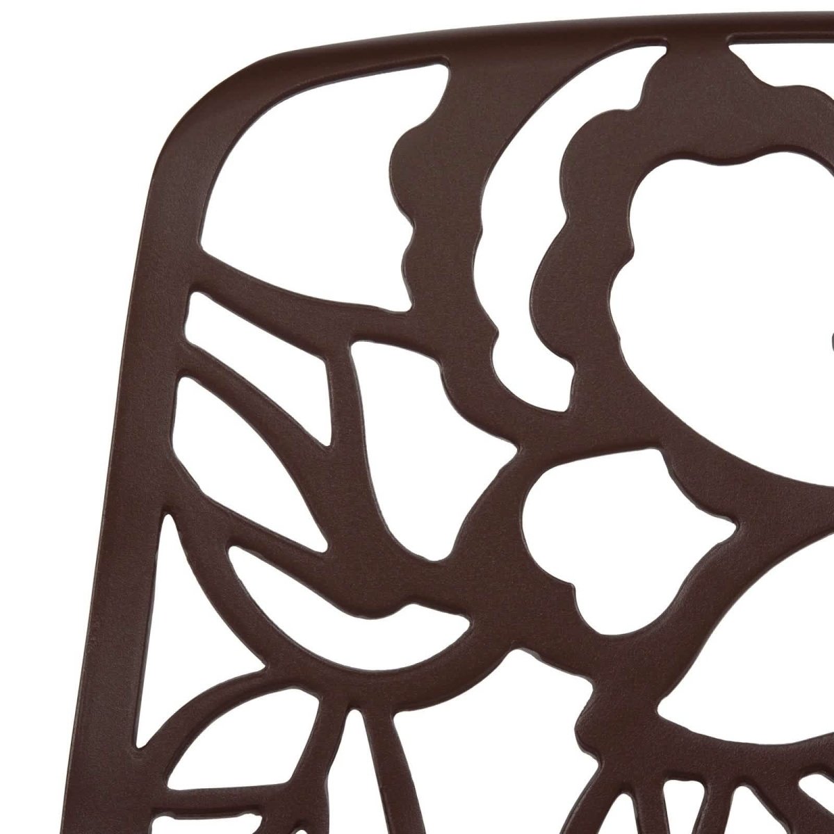 Devon 5-Piece Patio Dining Set: Aluminum Table with Glass Top & 4 Stackable Flower Chairs Brown Dining Set Leisuremod