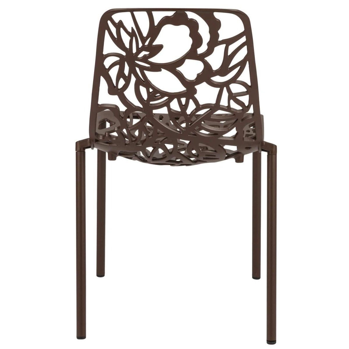 Devon 5-Piece Patio Dining Set: Aluminum Table with Glass Top & 4 Stackable Flower Chairs Brown Dining Set Leisuremod
