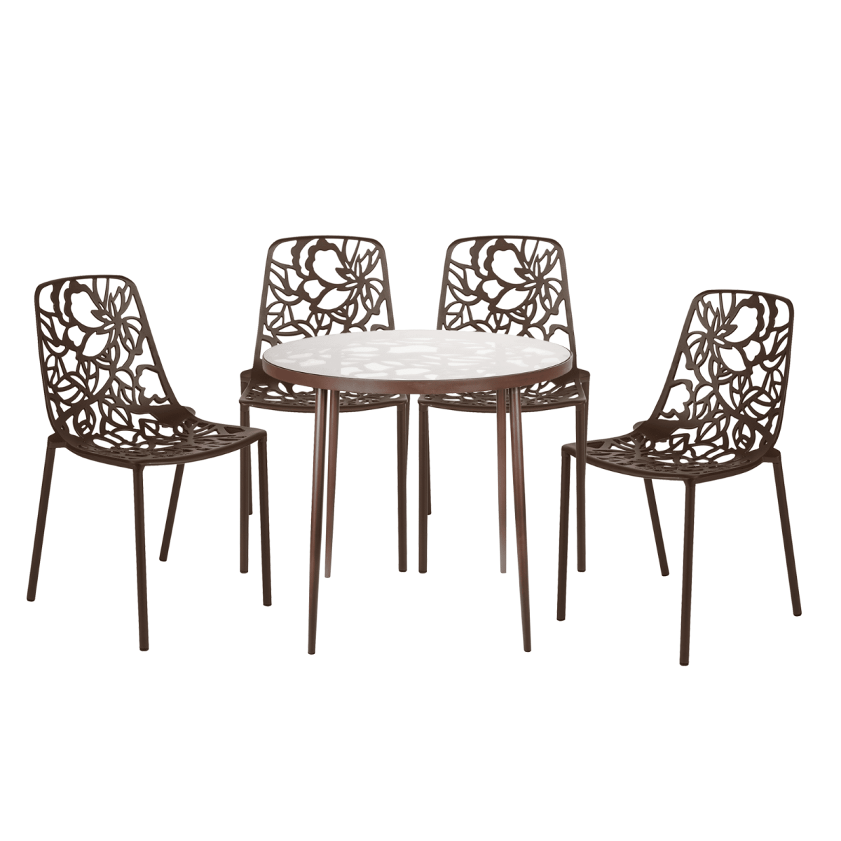Devon 5-Piece Patio Dining Set: Aluminum Table with Glass Top & 4 Stackable Flower Chairs Brown Dining Set Leisuremod