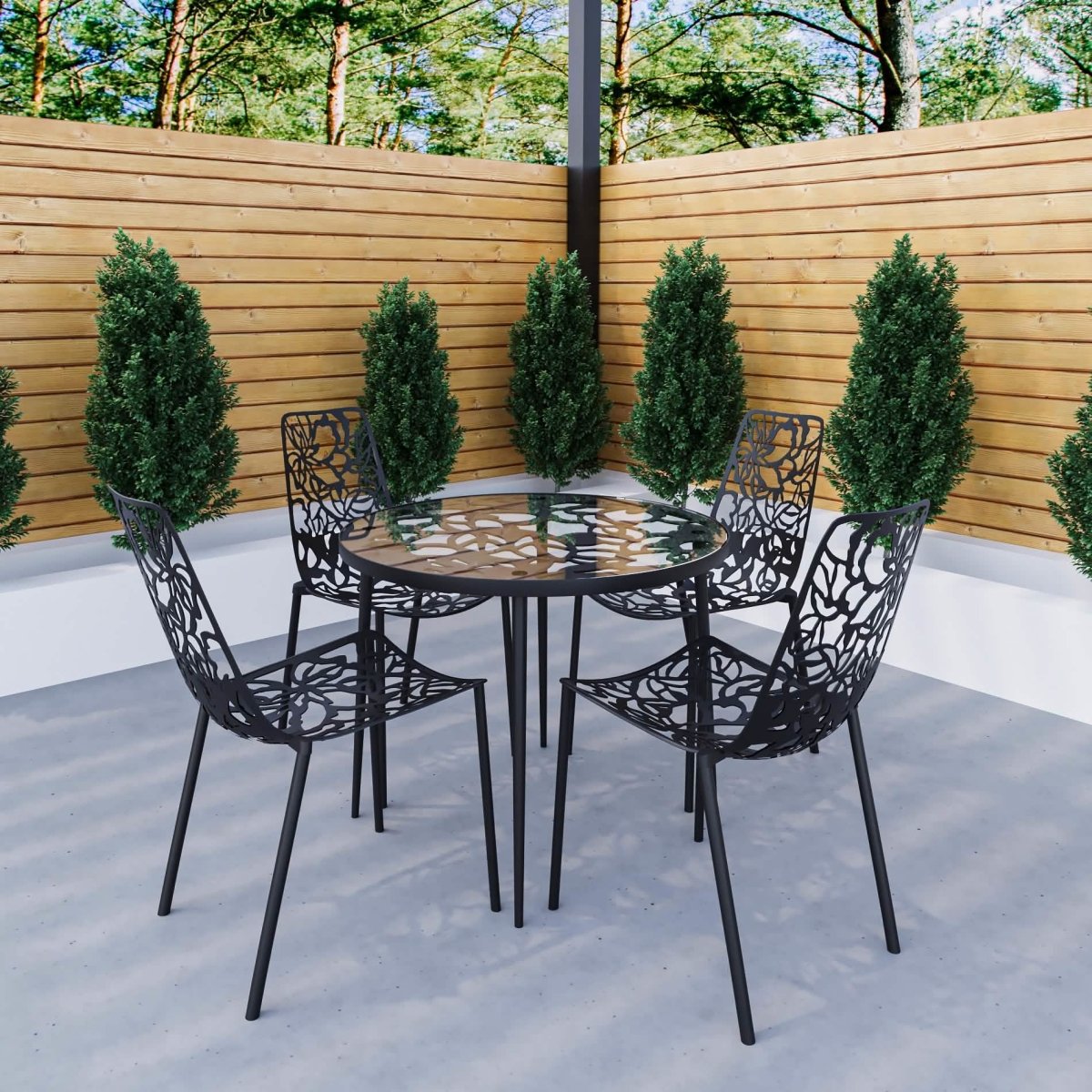 Devon 5-Piece Patio Dining Set: Aluminum Table with Glass Top & 4 Stackable Flower Chairs Brown Dining Set Leisuremod