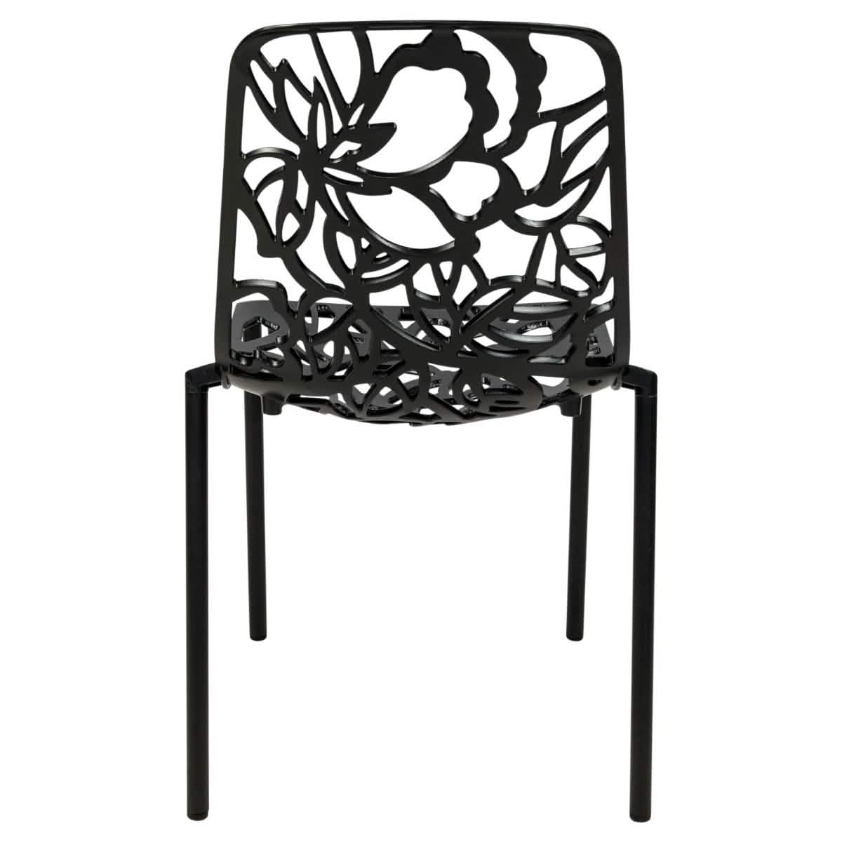 Devon 5-Piece Patio Dining Set: Aluminum Table with Glass Top & 4 Stackable Flower Chairs Black Dining Set Leisuremod