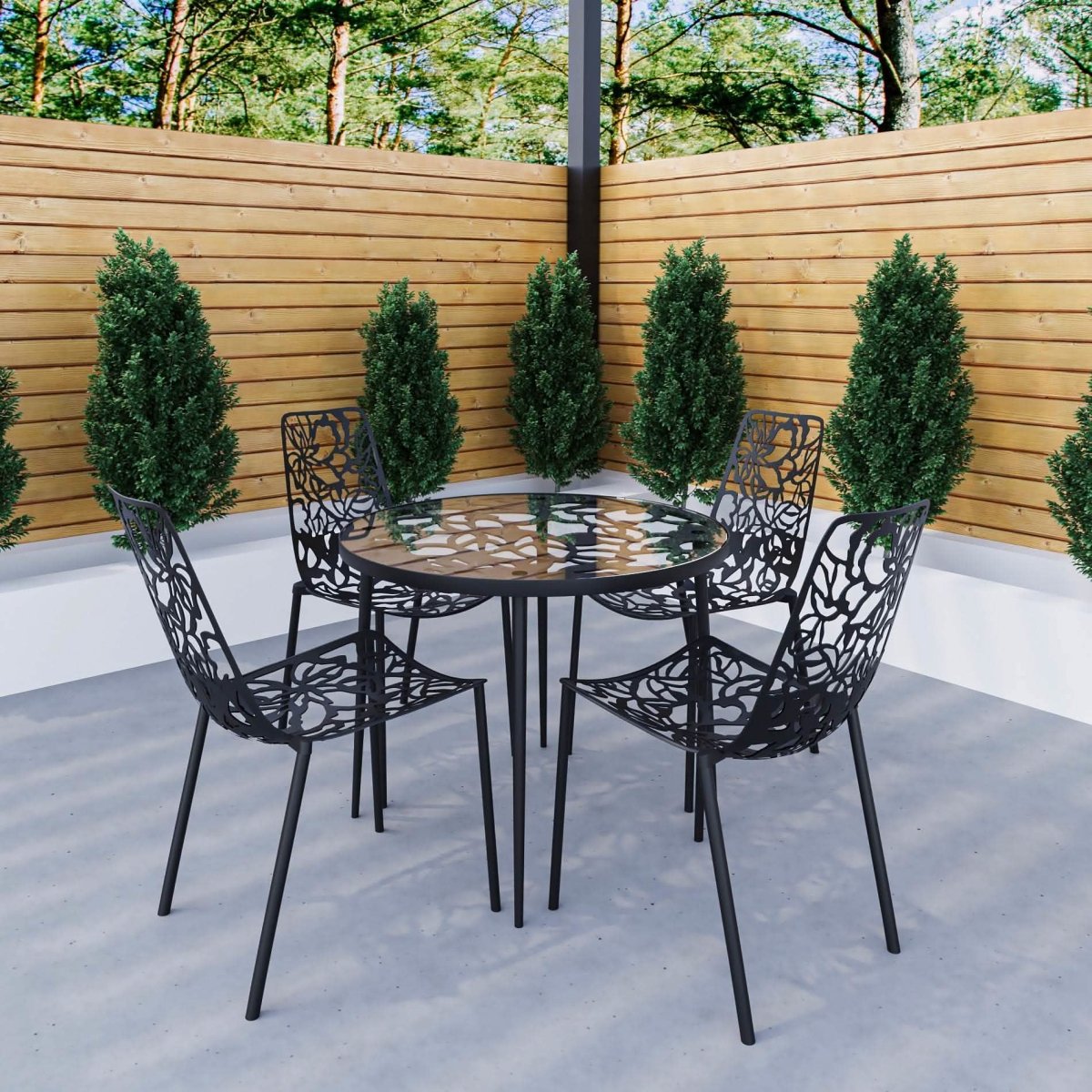 Devon 5-Piece Patio Dining Set: Aluminum Table with Glass Top & 4 Stackable Flower Chairs Black Dining Set Leisuremod
