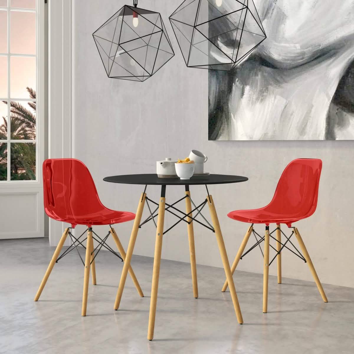 Dover 3-Piece Dining Set with Round Black MDF Top Bistro Table and 2 Plastic Chairs Clear Dining Set Leisuremod