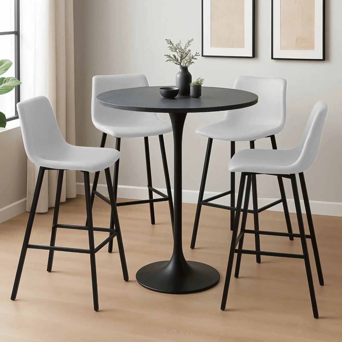 LeisureMod Dining Set Elland 5-Piece Bar-Height Dining Set with Round MDF Bar Table and Leather Bar Stools