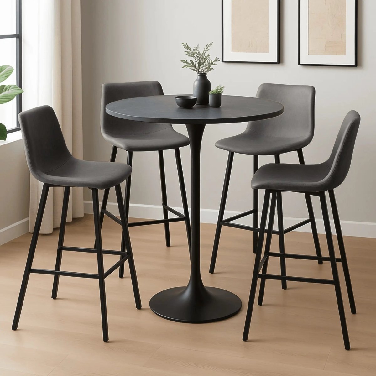 LeisureMod Dining Set Elland 5-Piece Bar-Height Dining Set with Round MDF Bar Table and Leather Bar Stools