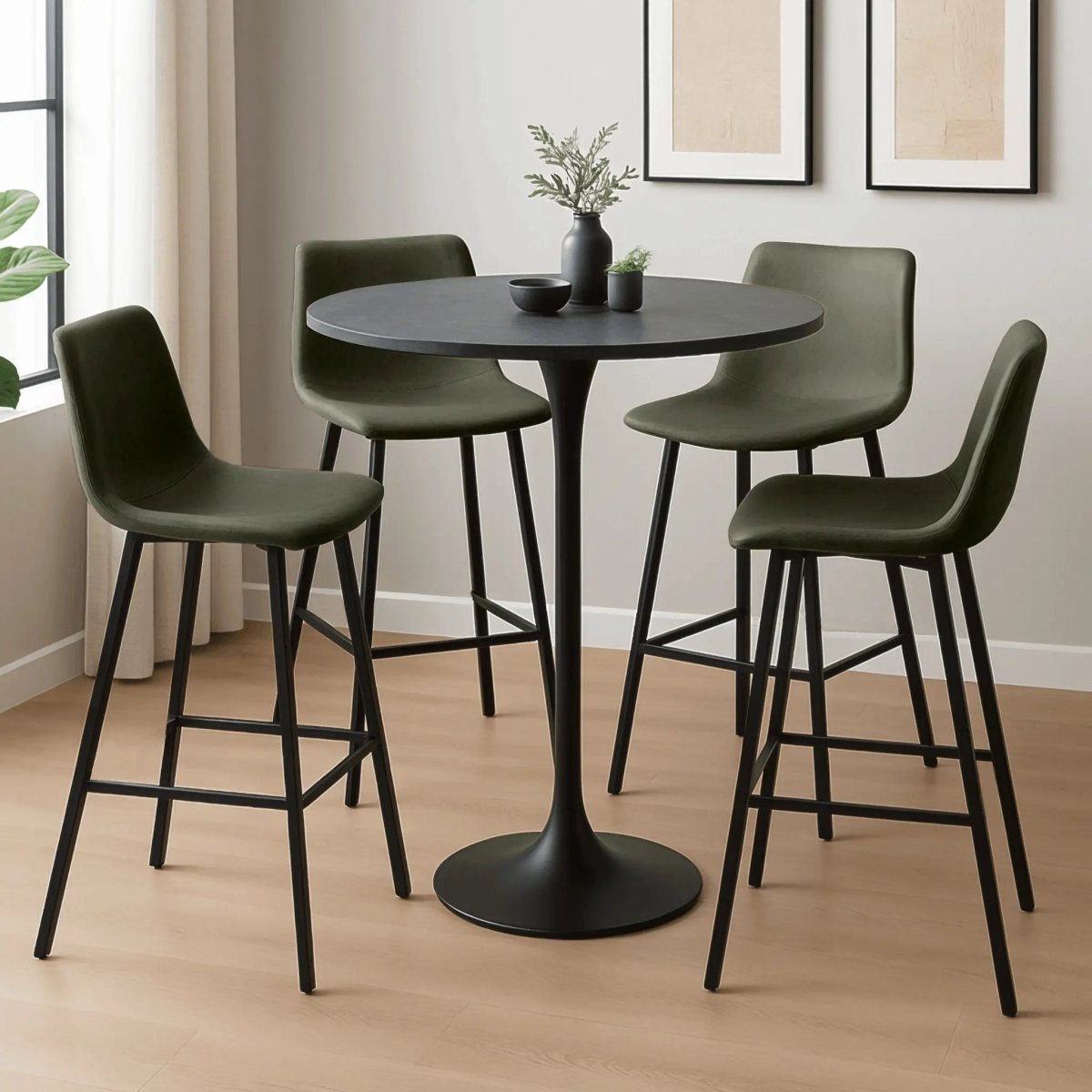 LeisureMod Dining Set Elland 5-Piece Bar-Height Dining Set with Round MDF Bar Table and Leather Bar Stools