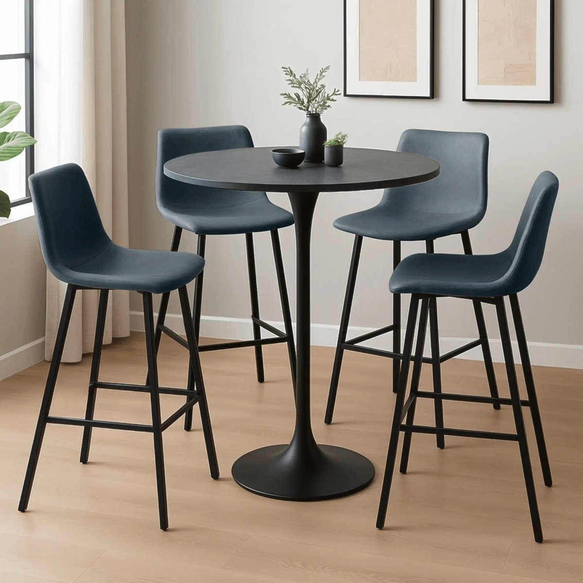 LeisureMod Dining Set Elland 5-Piece Bar-Height Dining Set with Round MDF Bar Table and Leather Bar Stools