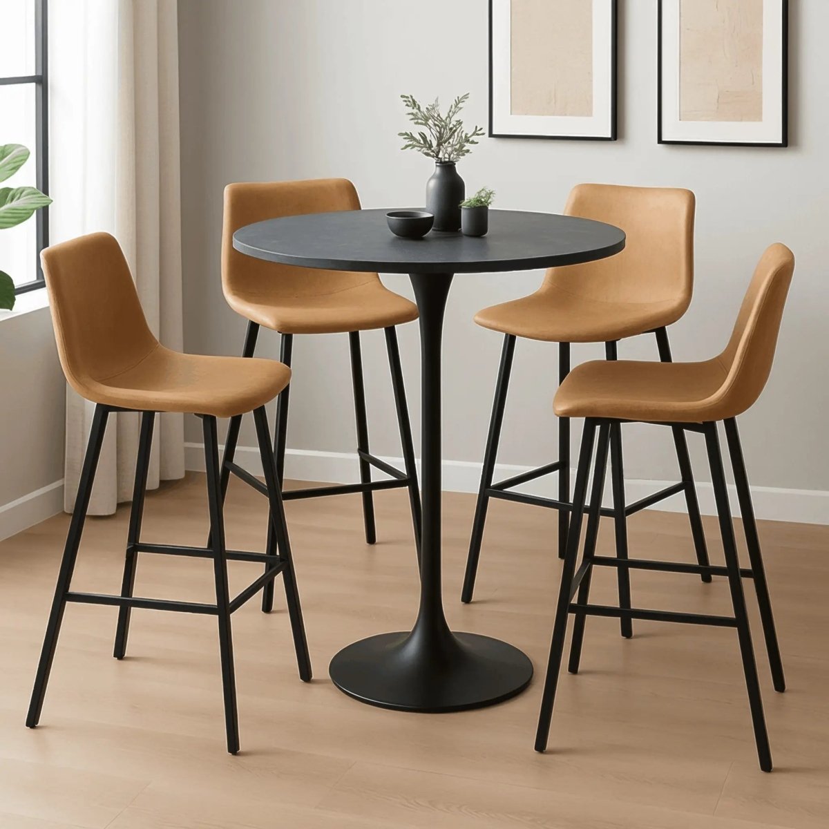 LeisureMod Dining Set Elland 5-Piece Bar-Height Dining Set with Round MDF Bar Table and Leather Bar Stools