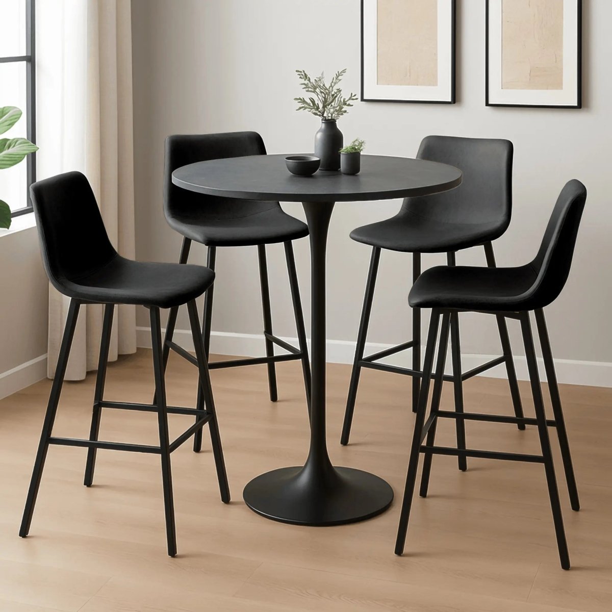 LeisureMod Dining Set Elland 5-Piece Bar-Height Dining Set with Round MDF Bar Table and Leather Bar Stools