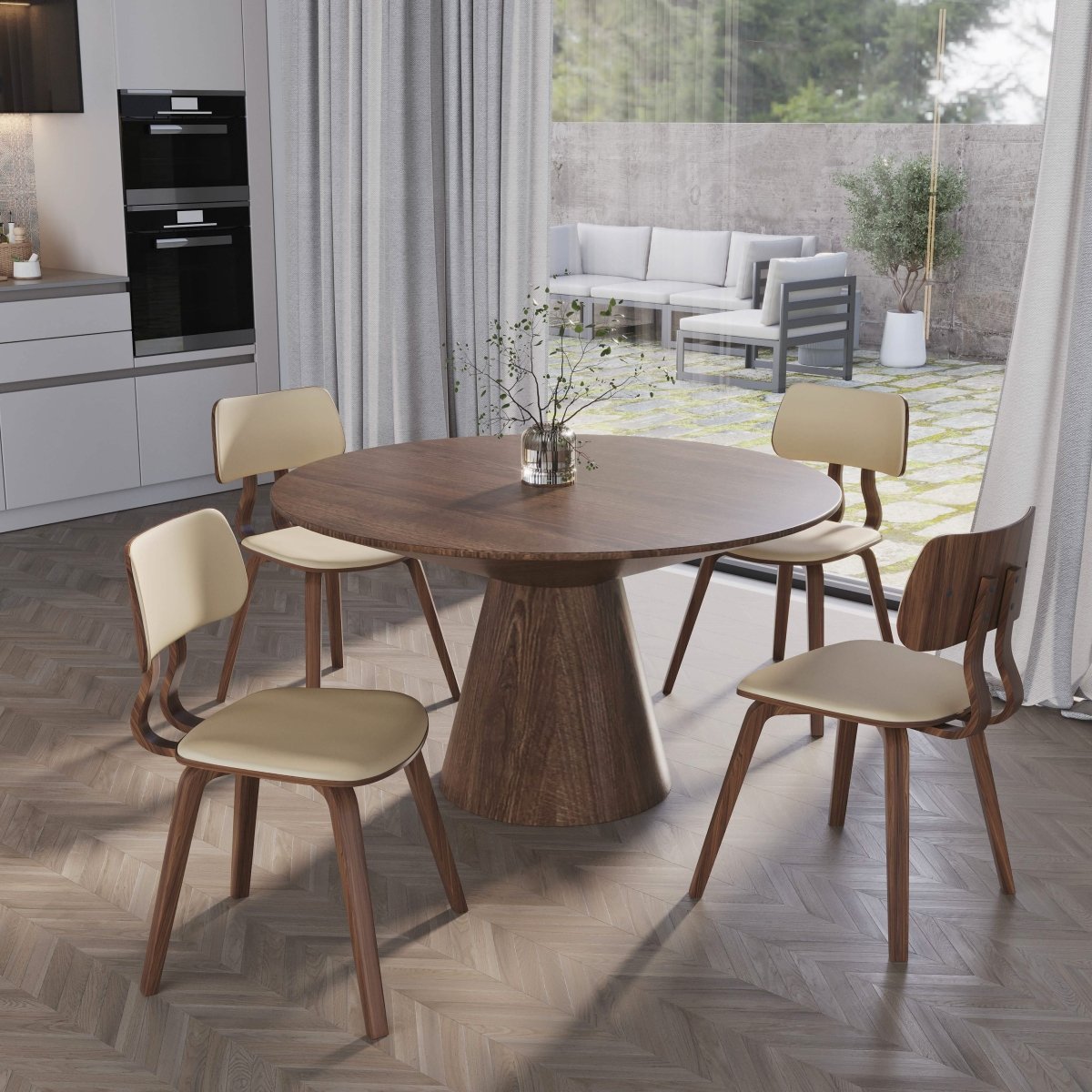 Fynix 5-Piece Dining Set with Round Wooden Table in Walnut and 4 Leather Dining Chairs Walnut Cream Dining Set Leisuremod