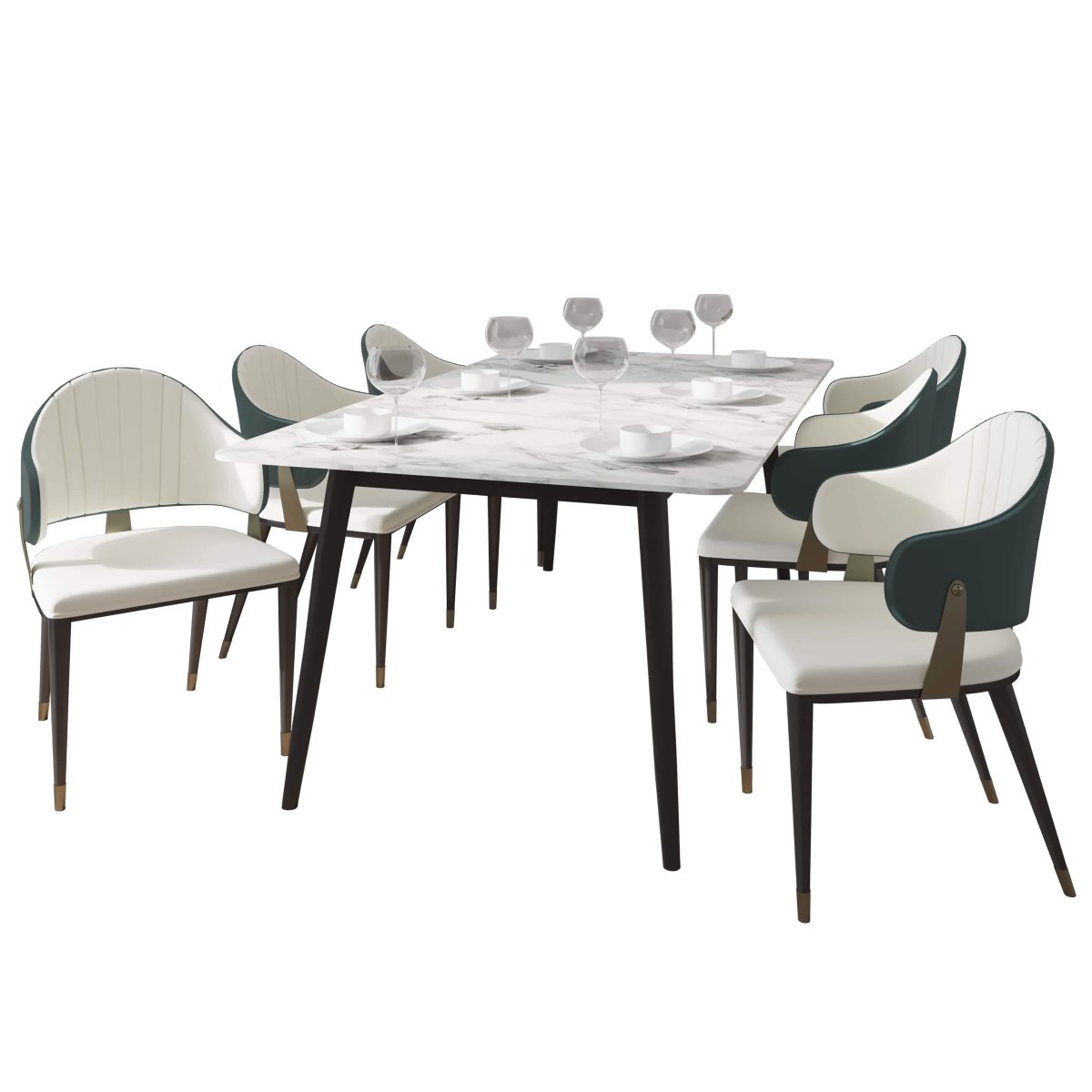 Zayle 7-Piece Dining Set with 55" Rectangular Dining Table in White/Gold Sintered Stone Top and 6 Leather Dining Chairs Green Dining Set Leisuremod