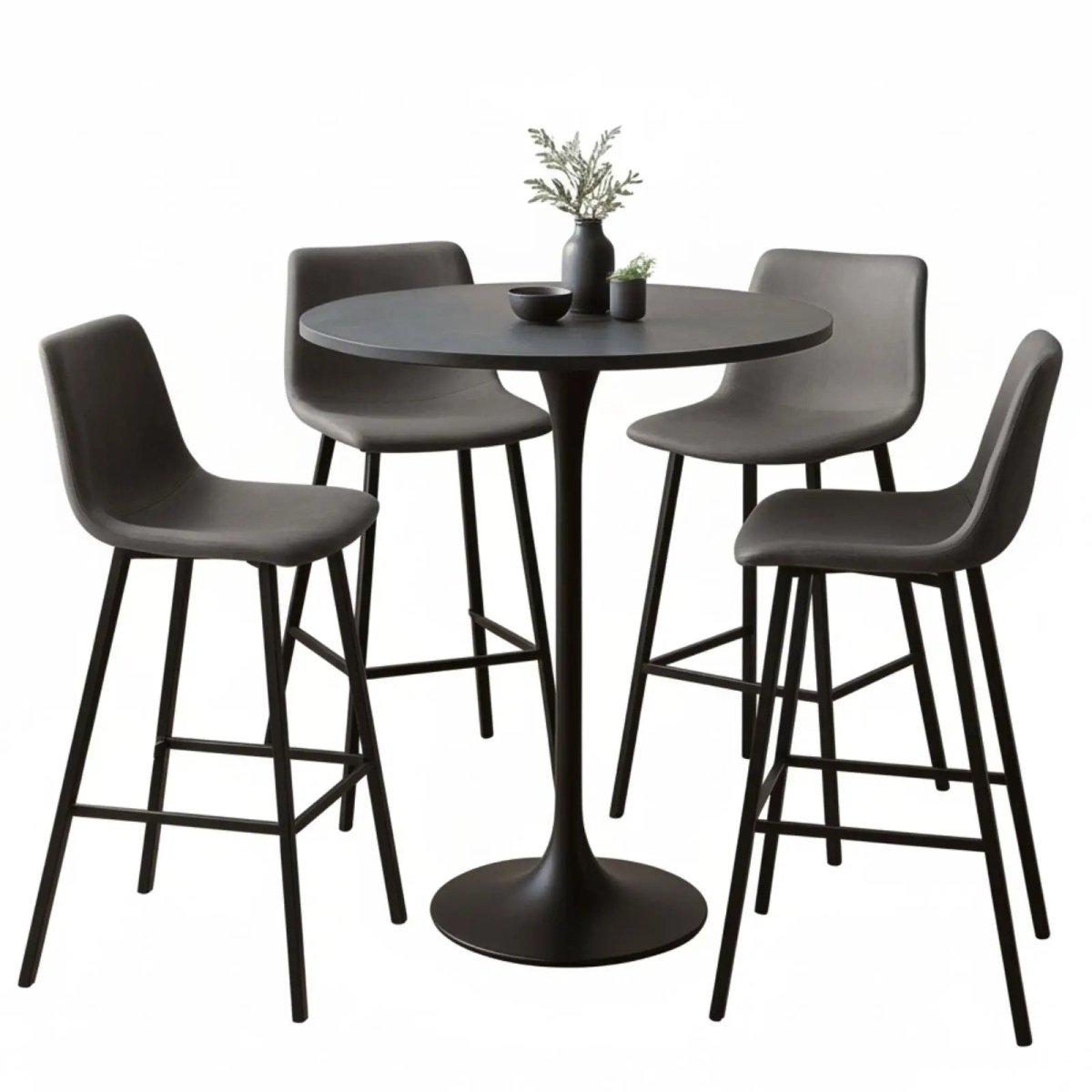 LeisureMod Dining Set Grey Elland 5-Piece Bar-Height Dining Set with Round MDF Bar Table and Leather Bar Stools