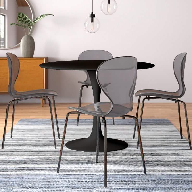 LeisureMod 5-Piece Dining Set Round Black MDF Dining Table and 4 Acrylic Dining Chairs with Chrome Legs Transparent Black Dining Set Leisuremod