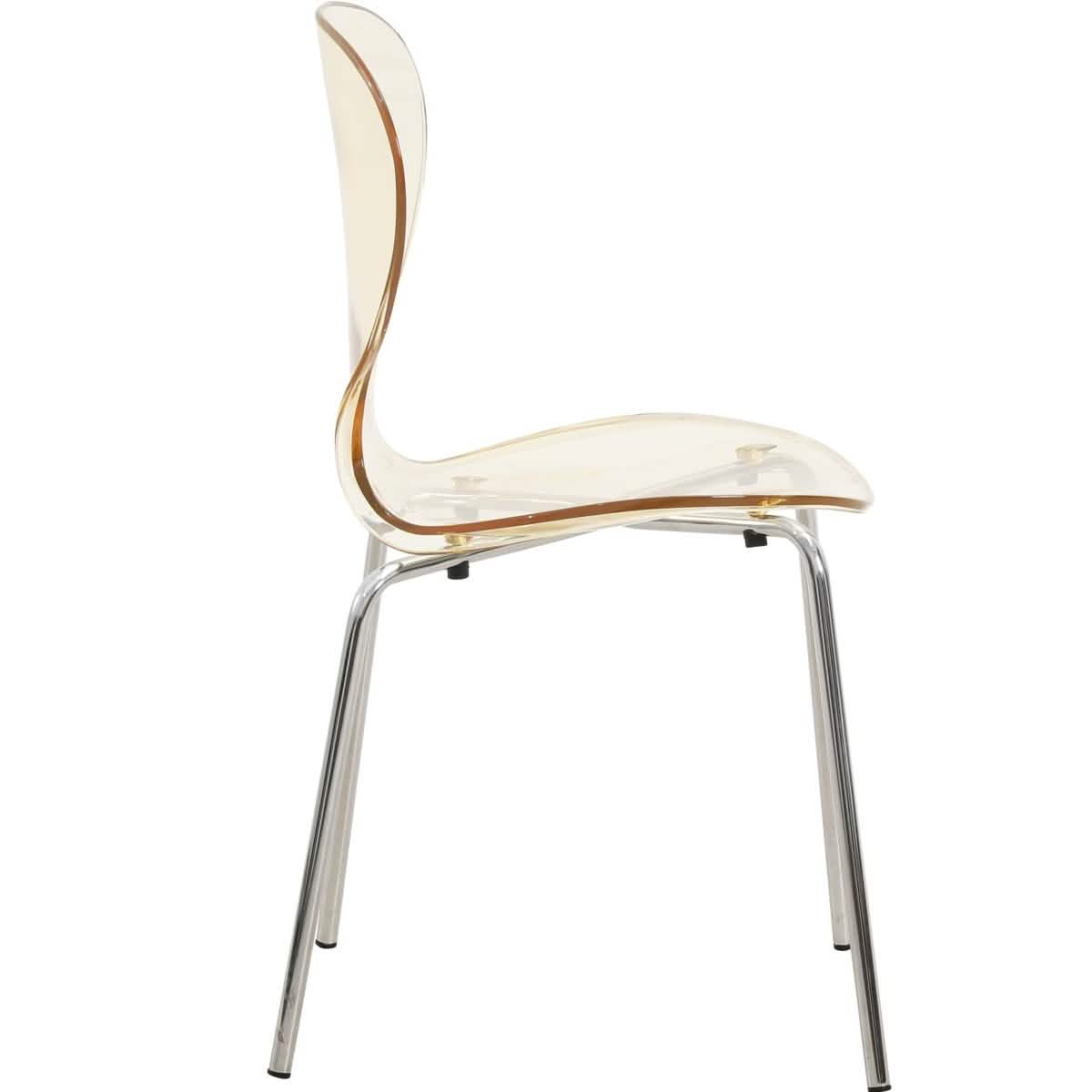 LeisureMod Bristol 5-Piece Dining Set Round White MDF Dining Table and 4 Acrylic Dining Chairs with Chrome Legs Amber Dining Set Leisuremod