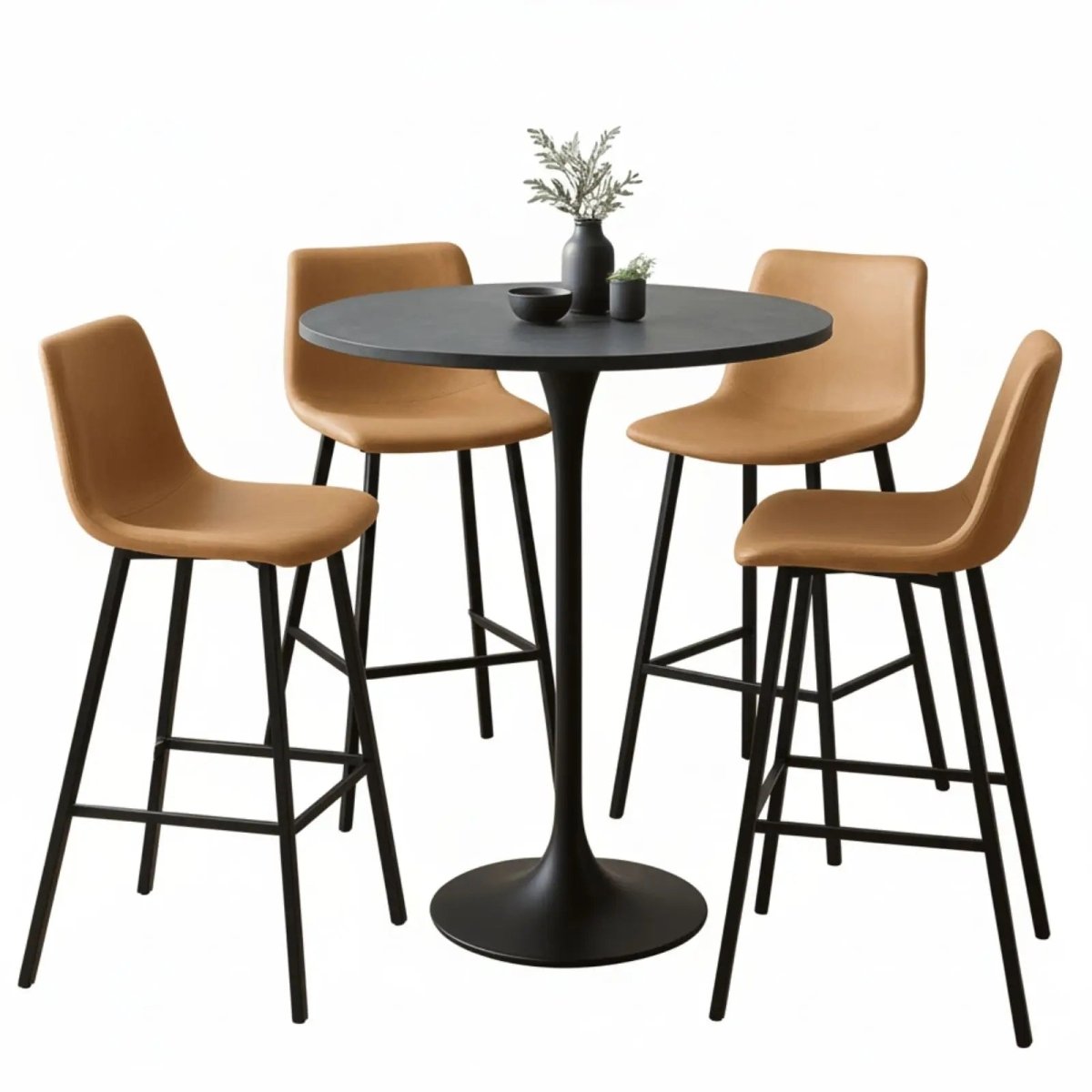 LeisureMod Dining Set Light Brown Elland 5-Piece Bar-Height Dining Set with Round MDF Bar Table and Leather Bar Stools