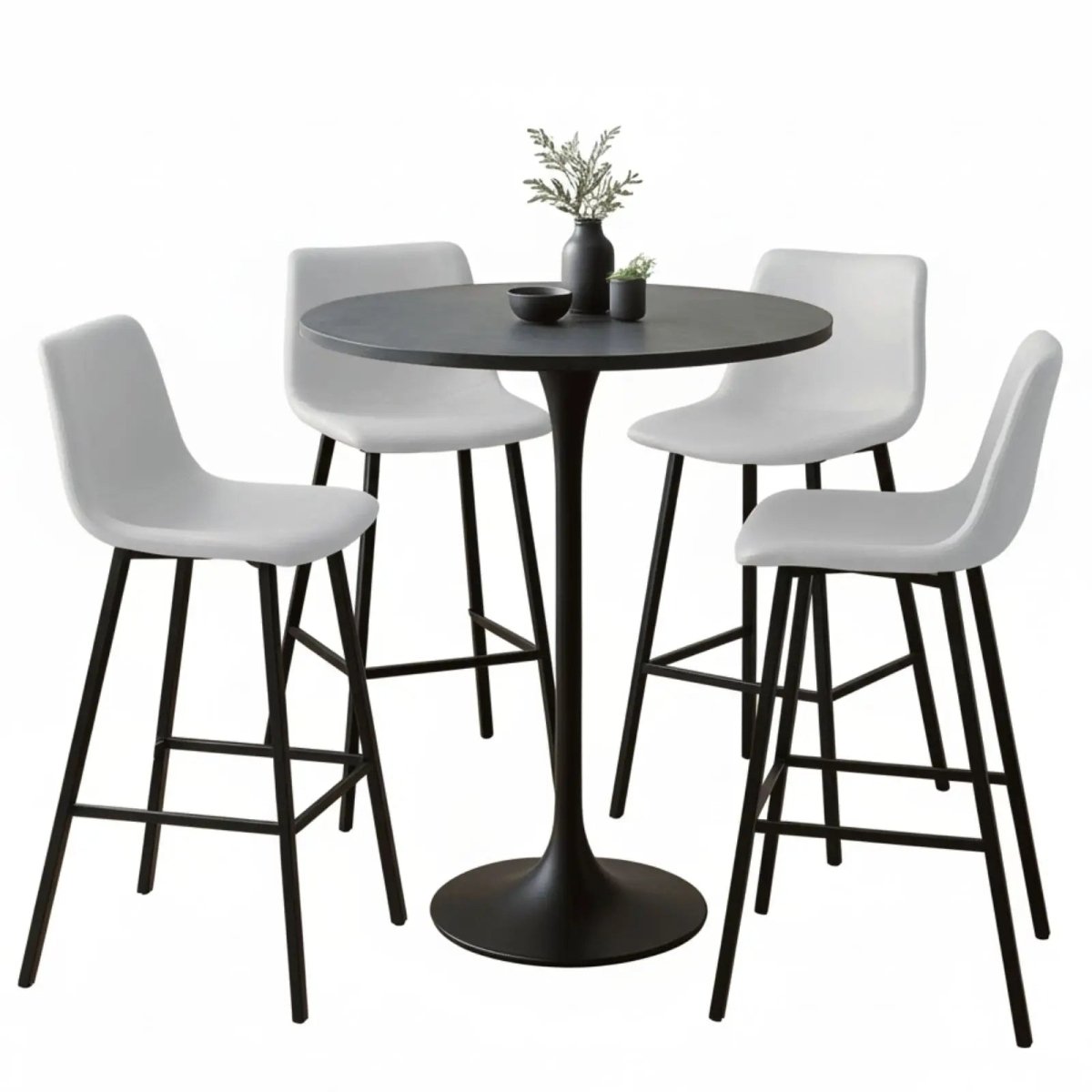 LeisureMod Dining Set Light Grey Elland 5-Piece Bar-Height Dining Set with Round MDF Bar Table and Leather Bar Stools