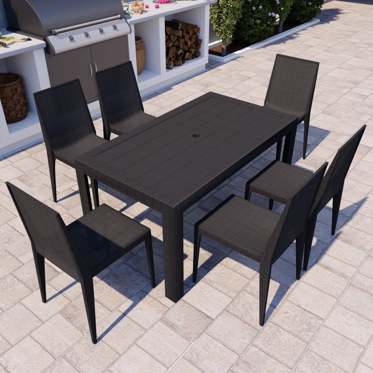 Mace Mid-Century 7-Piece Outdoor Dining Set White and Brown Dining Set Leisuremod