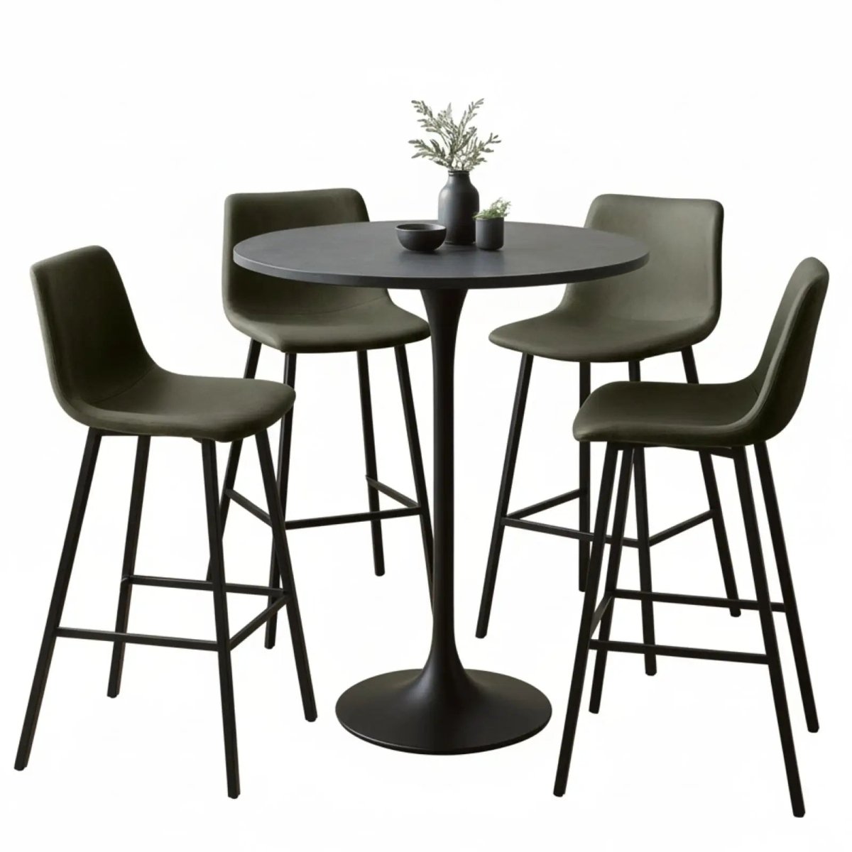 LeisureMod Dining Set Olive Green Elland 5-Piece Bar-Height Dining Set with Round MDF Bar Table and Leather Bar Stools