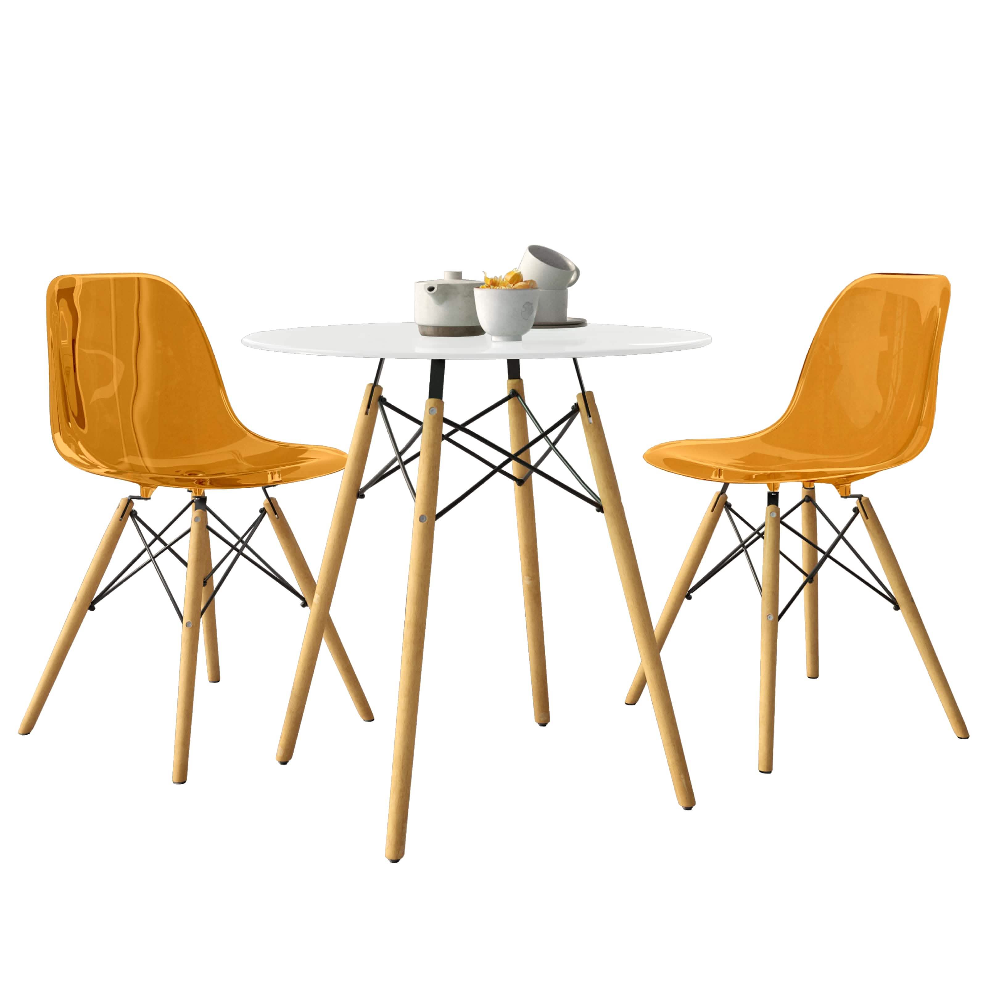 Dover 3-Piece Dining Set with Round White MDF Top Bistro Table and 2 Plastic Chairs Orange Dining Set Leisuremod