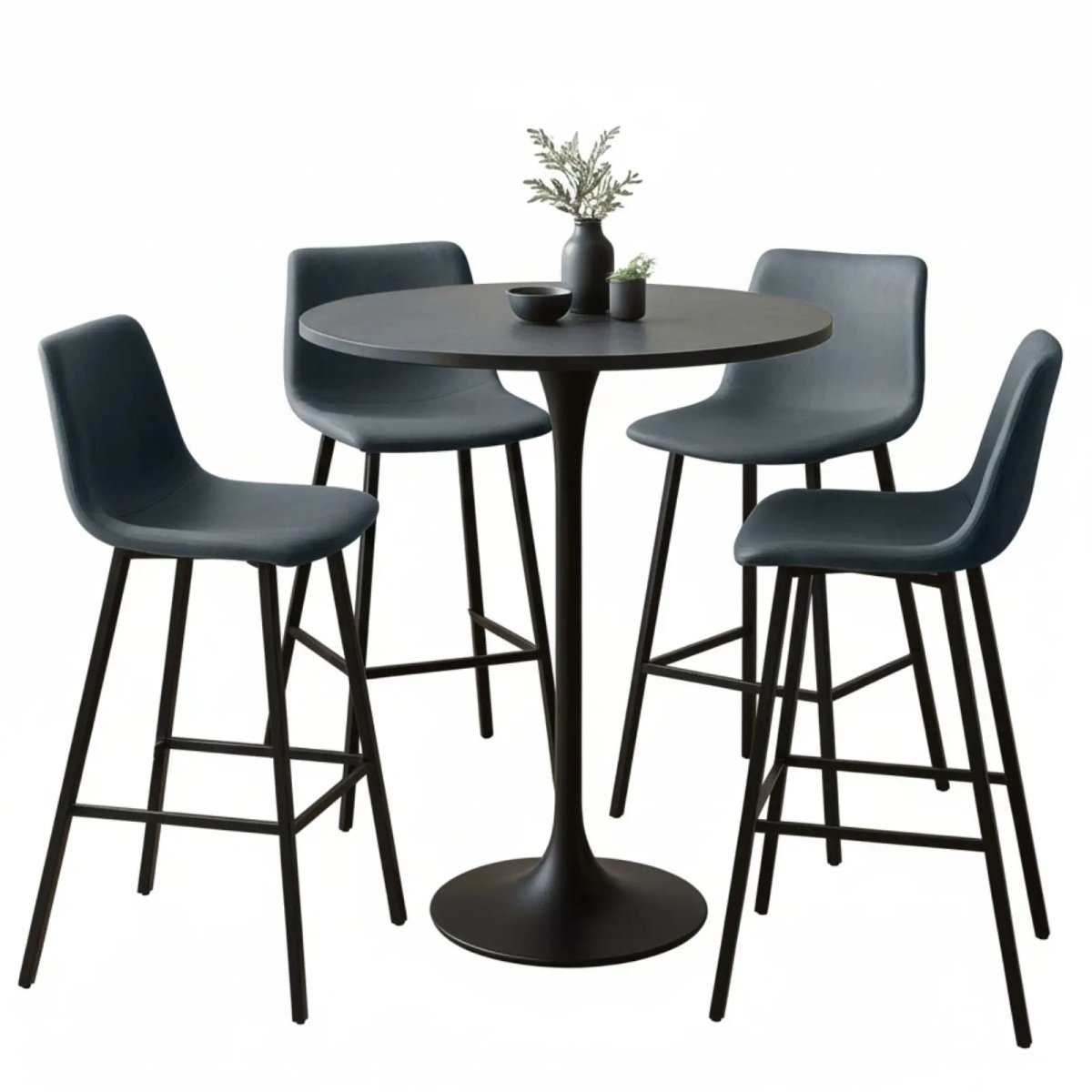 LeisureMod Dining Set Peacock Blue Elland 5-Piece Bar-Height Dining Set with Round MDF Bar Table and Leather Bar Stools