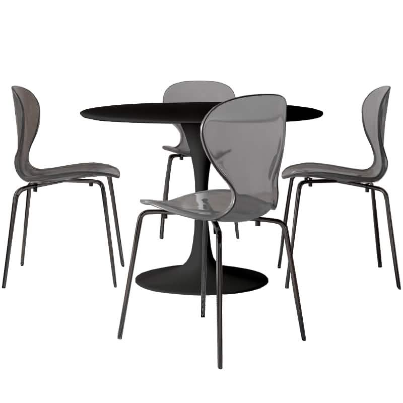 LeisureMod 5-Piece Dining Set Round Black MDF Dining Table and 4 Acrylic Dining Chairs with Chrome Legs Transparent Black Dining Set Leisuremod