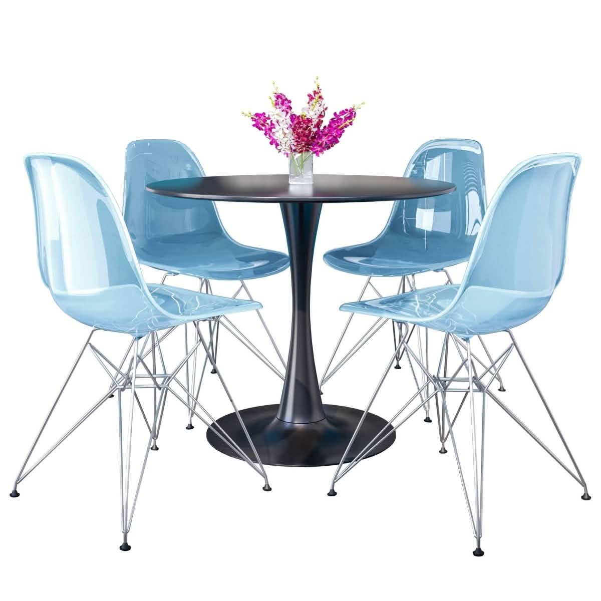 Bristol 5-Piece Dining Set 35" Round Dining Table in Black Iron - 4 ABS Plastic Side Chair in Chrome Transparent Blue Dining Set Leisuremod