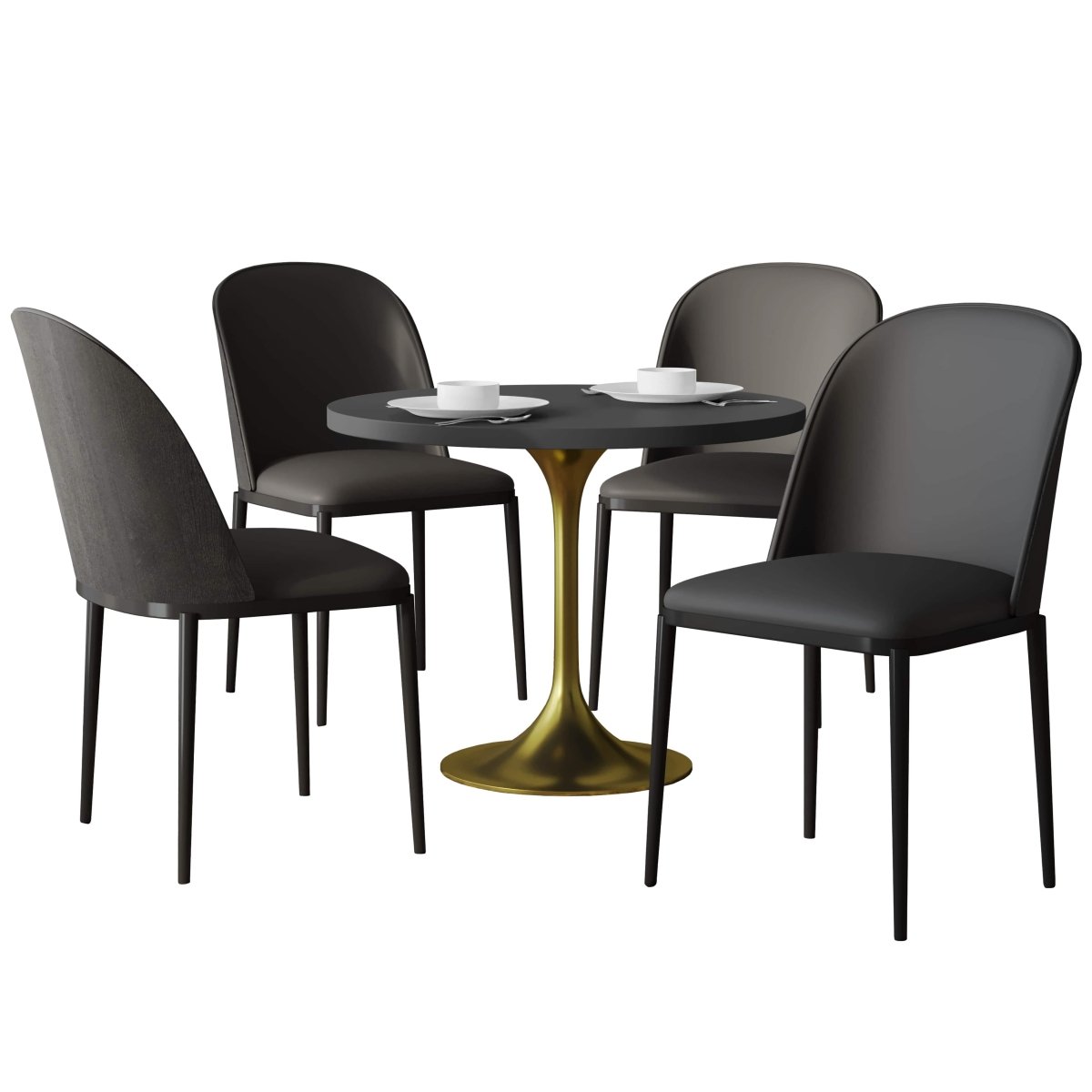 Verve 5-Piece Dining Set with 36" Round MDF Top Table and 4 Leather Dining Side Chairs Velvet Black Black Dining Set Leisuremod