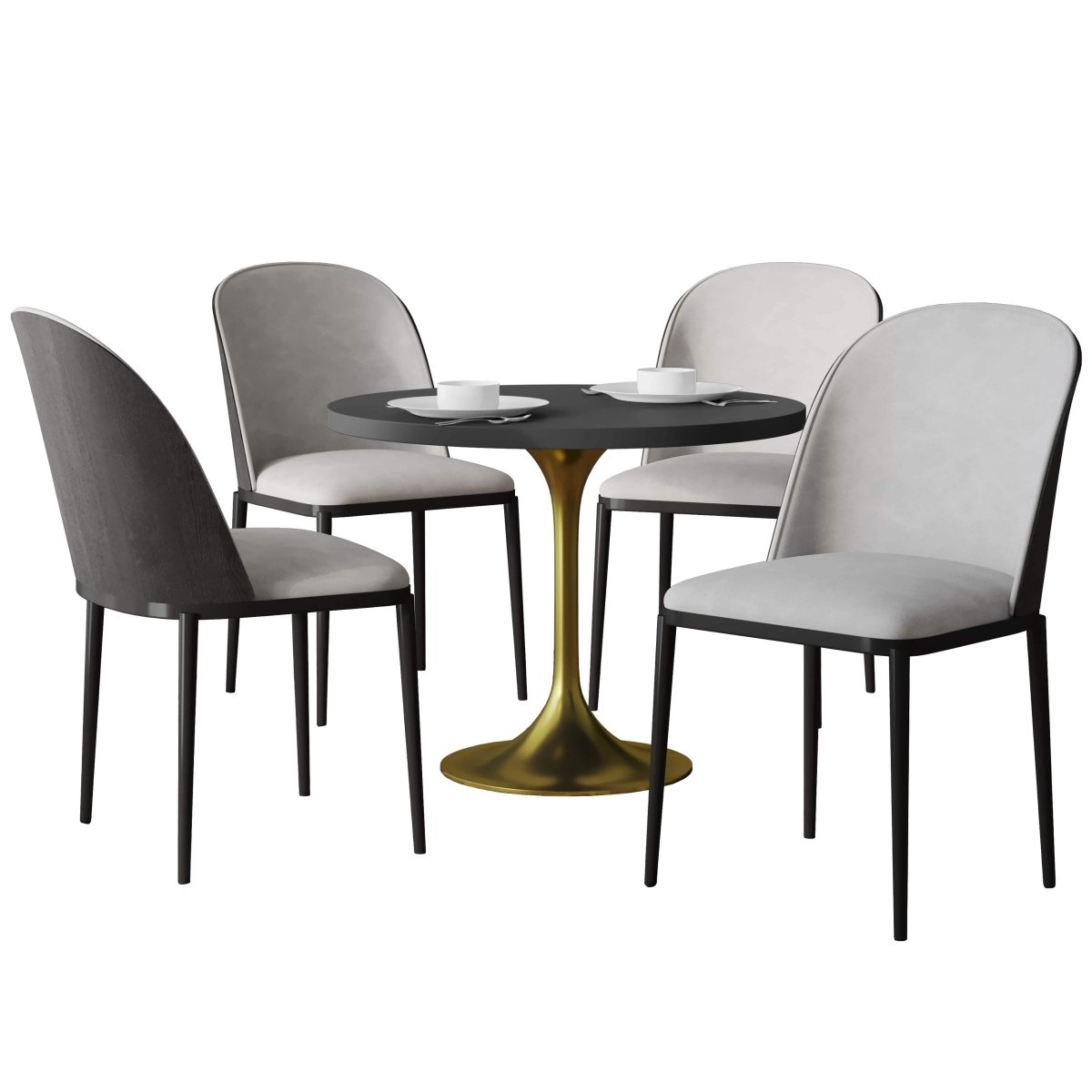 Verve 5-Piece Dining Set with 36" Round MDF Top Table and 4 Leather Dining Side Chairs Velvet Black Light Grey Dining Set Leisuremod