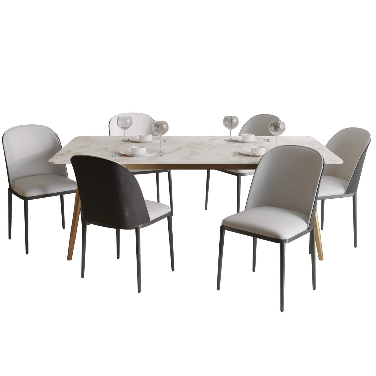 Zayle 7-Piece Dining Set with 55" Rectangular Dining Table in White Grey Sintered Stone Top and 6 Leather Dining Chairs Velvet Black Platinum Blue Dining Set Leisuremod