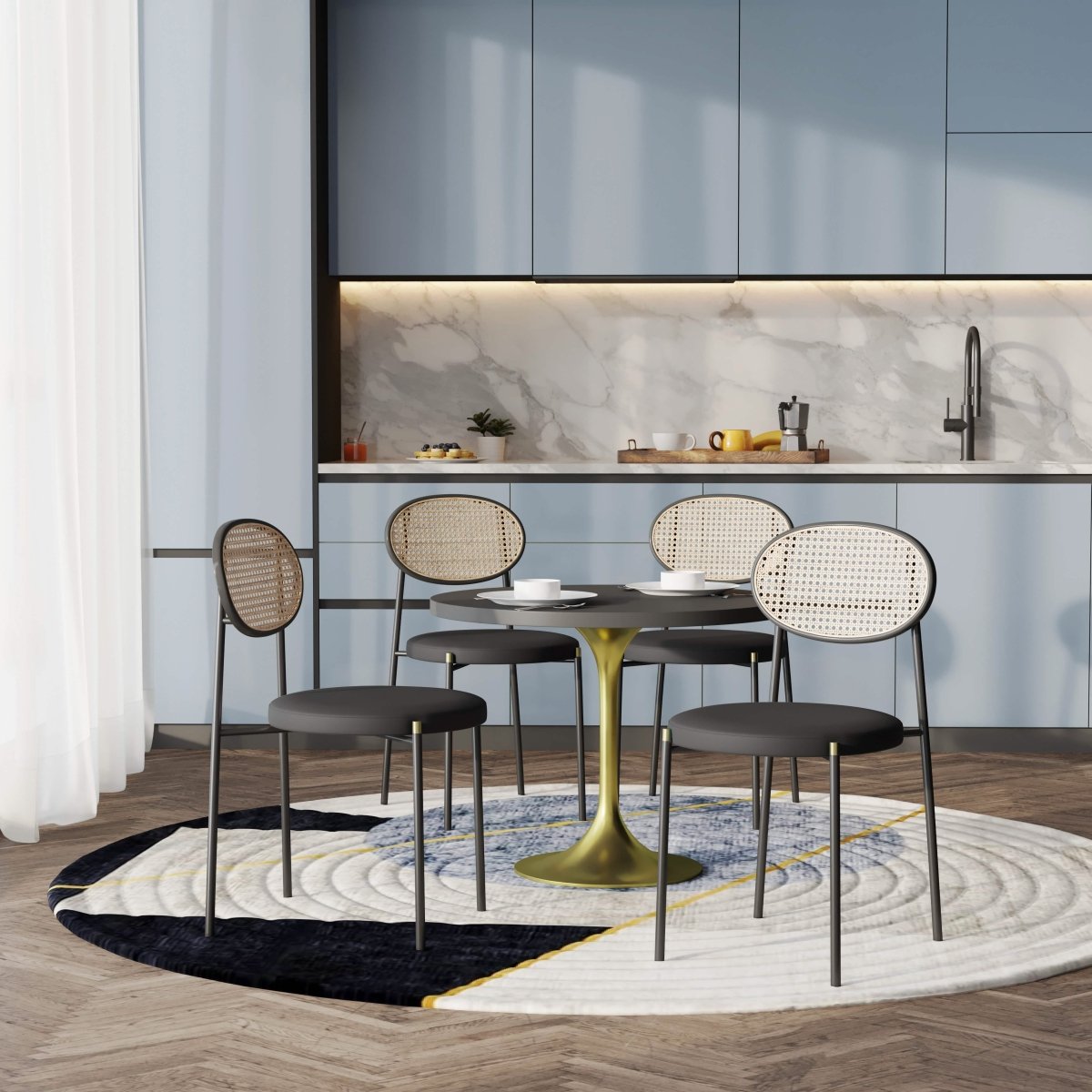 Verve 5-Piece Dining Set with 36" Round Dining Table Black MDF Top and Gold Base with 4 Velvet Dining Chairs in Black Steel Legs Dining Set Leisuremod