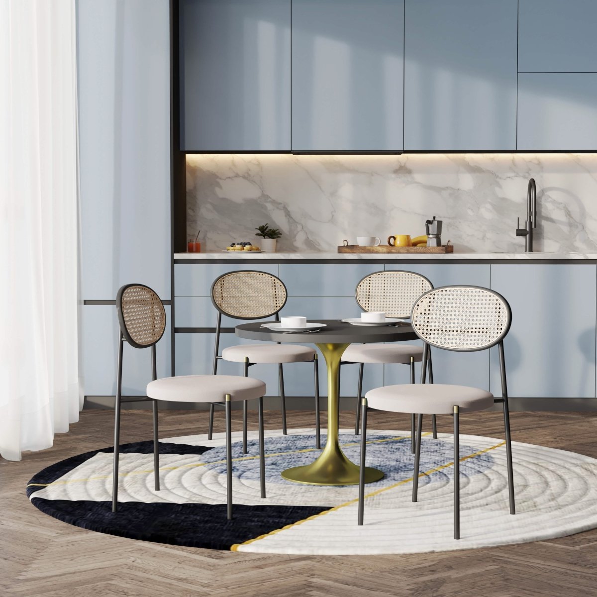 Verve 5-Piece Dining Set with 36" Round Dining Table Black MDF Top and Gold Base with 4 Velvet Dining Chairs in Black Steel Legs Dining Set Leisuremod