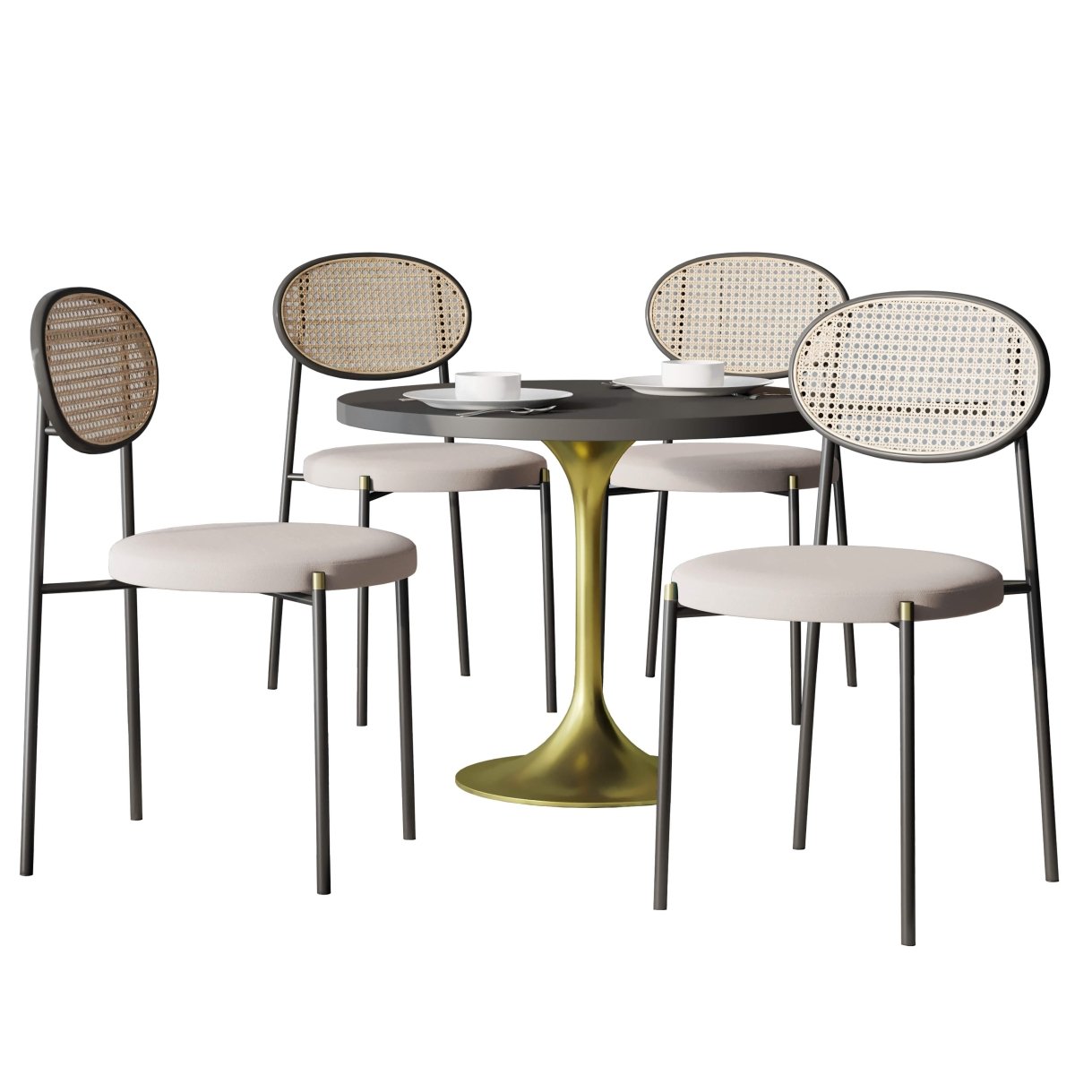 Verve 5-Piece Dining Set with 36" Round Dining Table Black MDF Top and Gold Base with 4 Velvet Dining Chairs in Black Steel Legs Dining Set Leisuremod