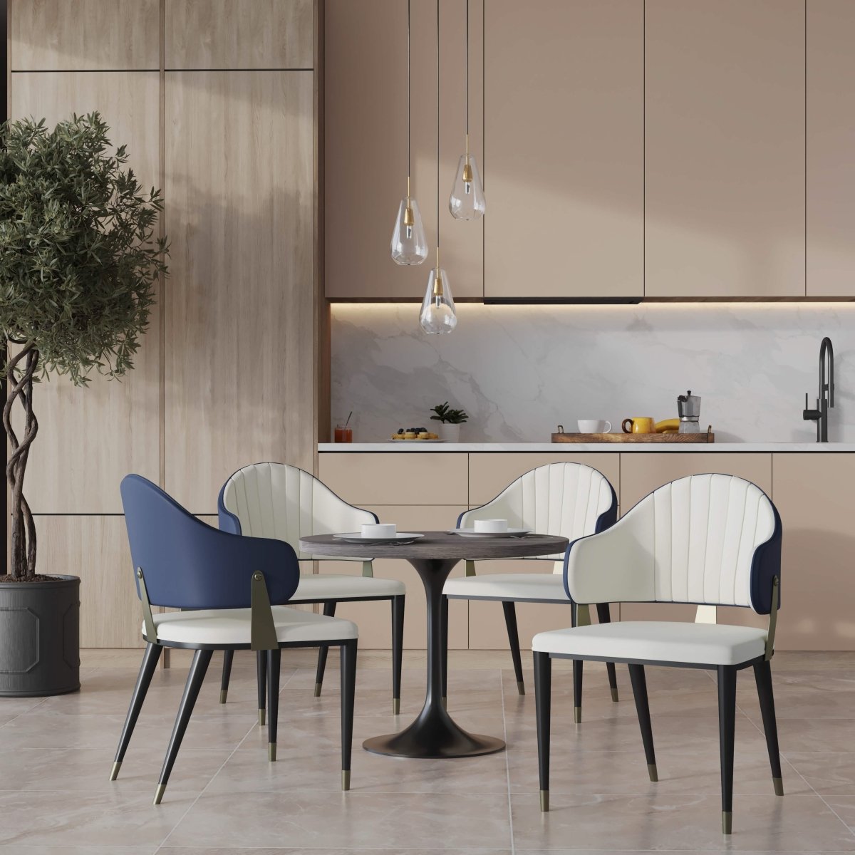 Verve 5-Piece Dining Set with 36" Round Resin Top Table and 4 Leather Dining Chair Blue Dining Set Leisuremod