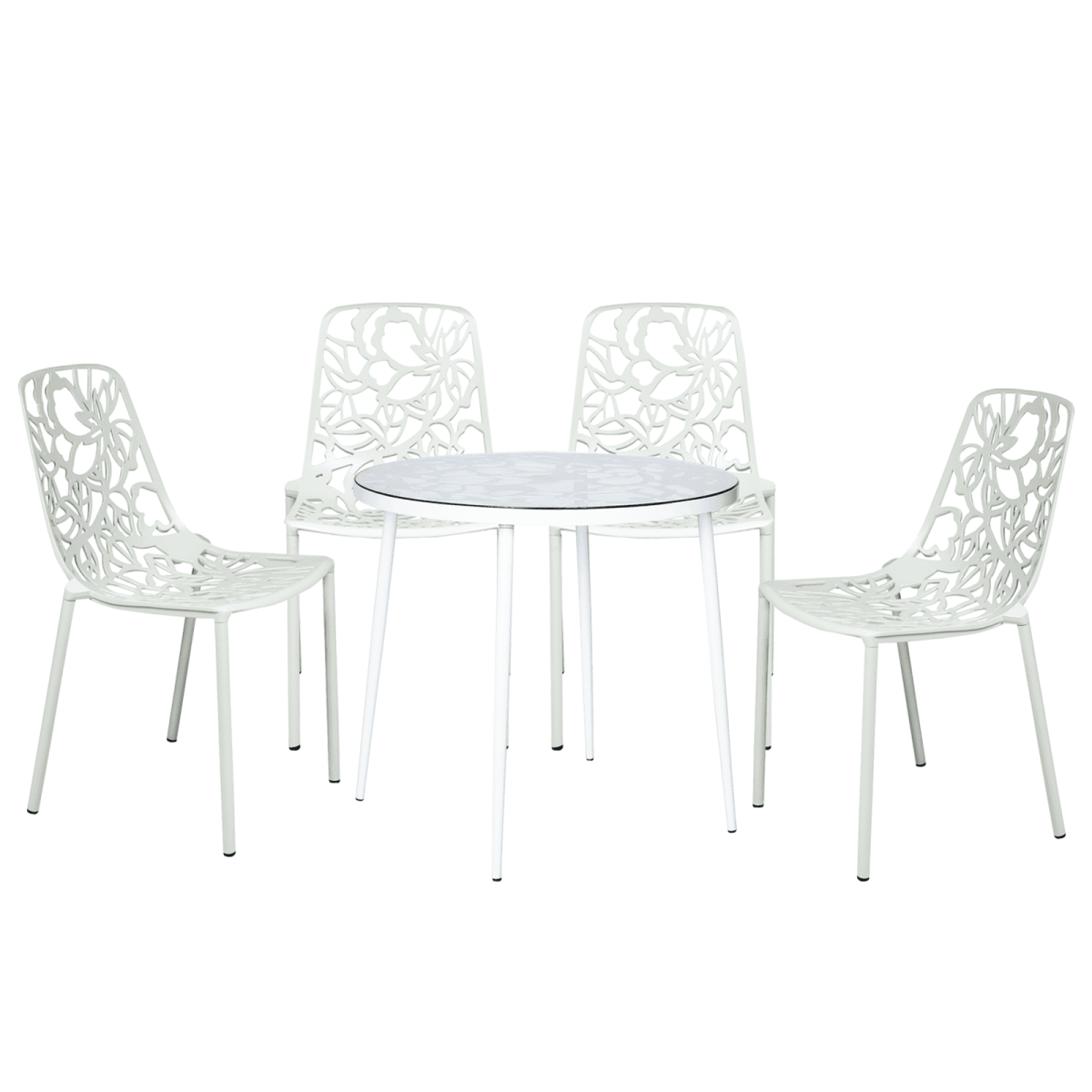 Devon 5-Piece Patio Dining Set: Aluminum Table with Glass Top & 4 Stackable Flower Chairs White Dining Set Leisuremod