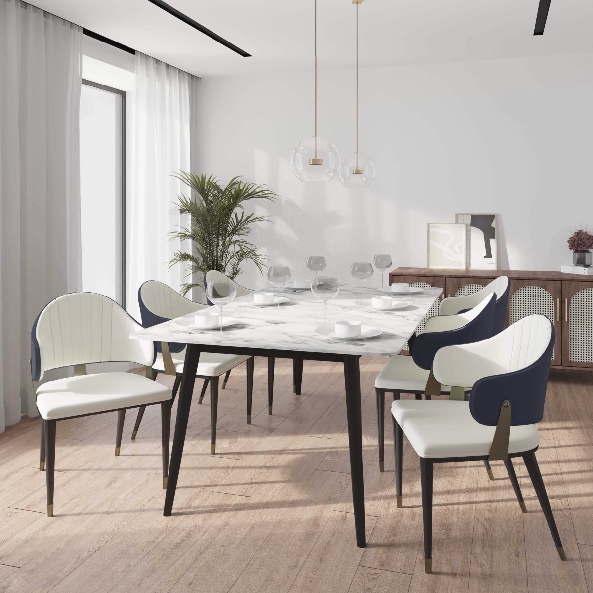 Zayle 7-Piece Dining Set with 55" Rectangular Dining Table in White/Gold Sintered Stone Top and 6 Leather Dining Chairs Blue Dining Set Leisuremod