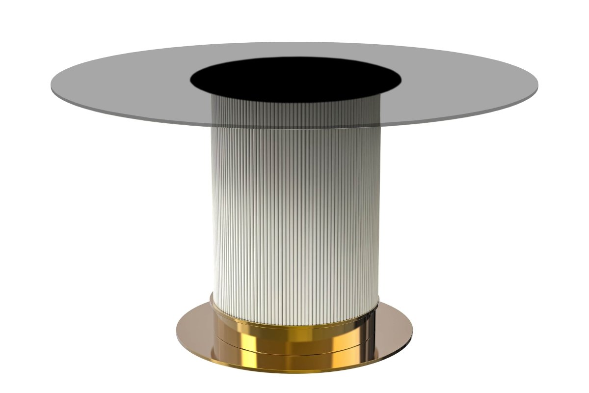 Leisuremod Dining Table 71" Wide / Clear Jexis Round Dining Table with Glass/Sintered Stone Top and Stainless Steel Pedestal Base